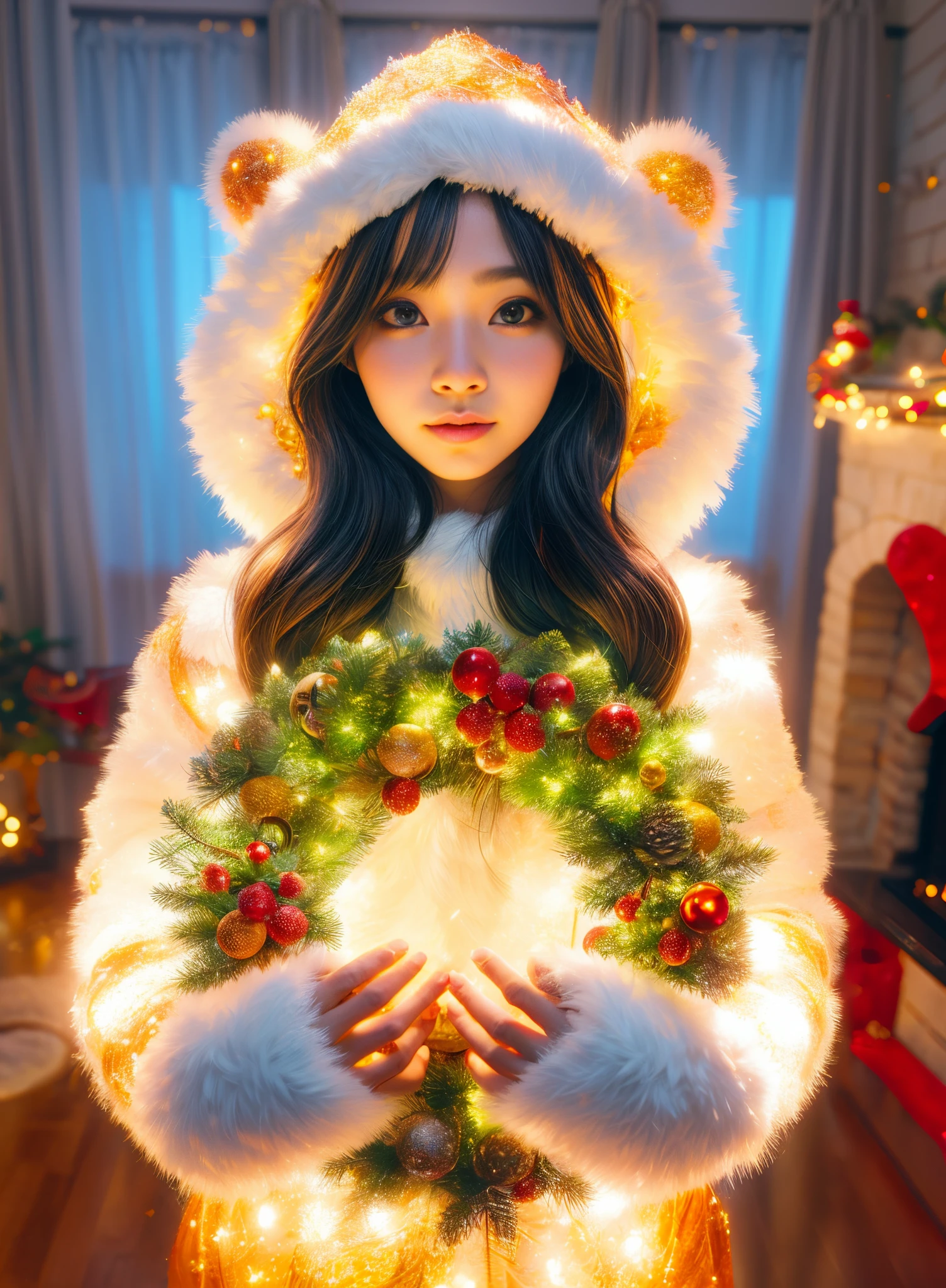 Christmas, 1 cute and beautiful Chinese girl wearing glowing traditional Santa Claus costume, holding a beautiful Christmas wreath in her hands, standing in a bright and warm Christmas decorated room, Christmas tree, gifts, Christmas socks, fireplace, looking with eyes Audience, first-person perspective, photo album, seven clones