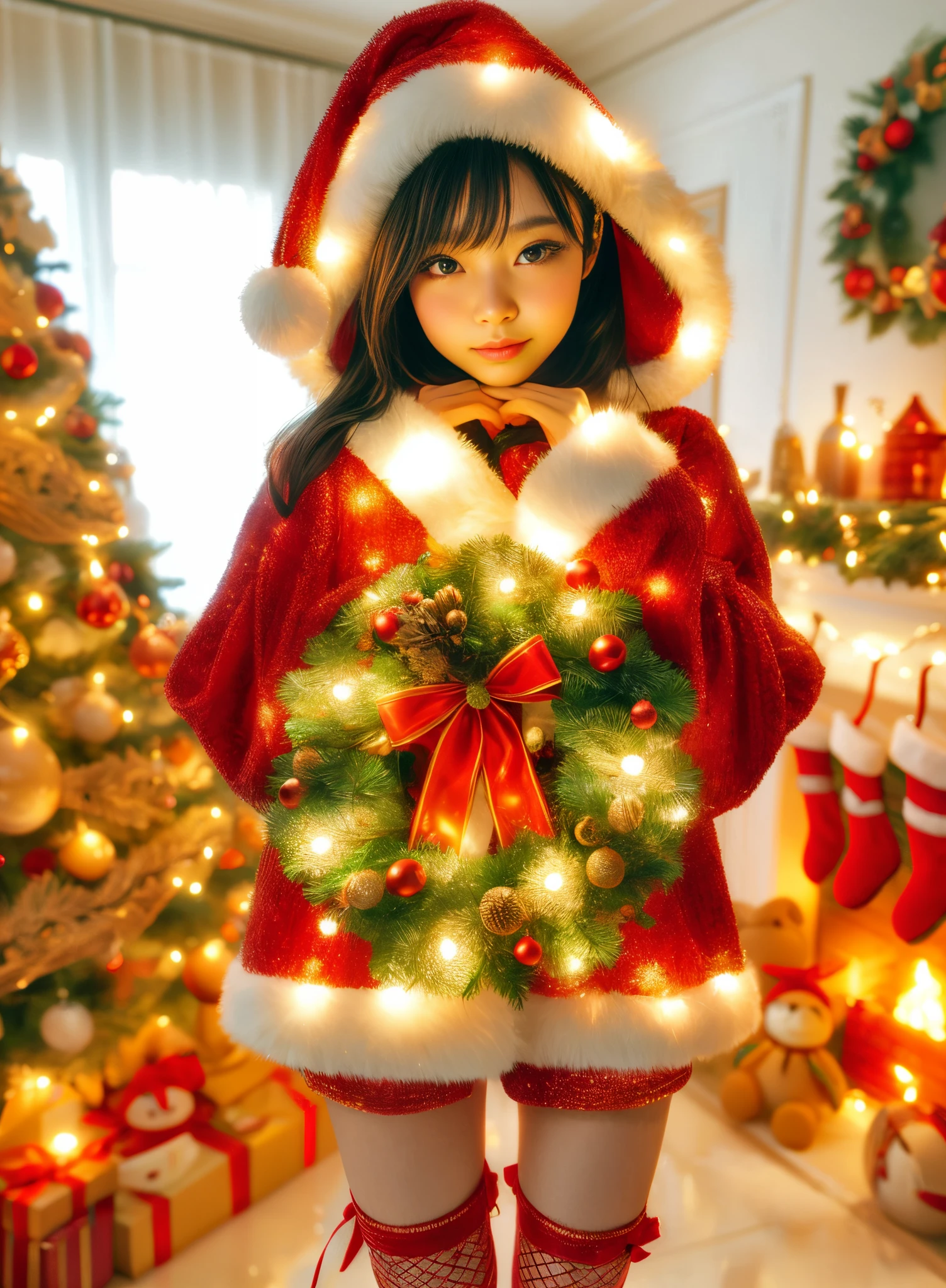 Christmas, 1 cute and beautiful Chinese girl wearing glowing traditional Santa Claus costume, holding a beautiful Christmas wreath in her hands, standing in a bright and warm Christmas decorated room, Christmas tree, gifts, Christmas socks, fireplace, looking with eyes Audience, first-person perspective, photo album, seven clones