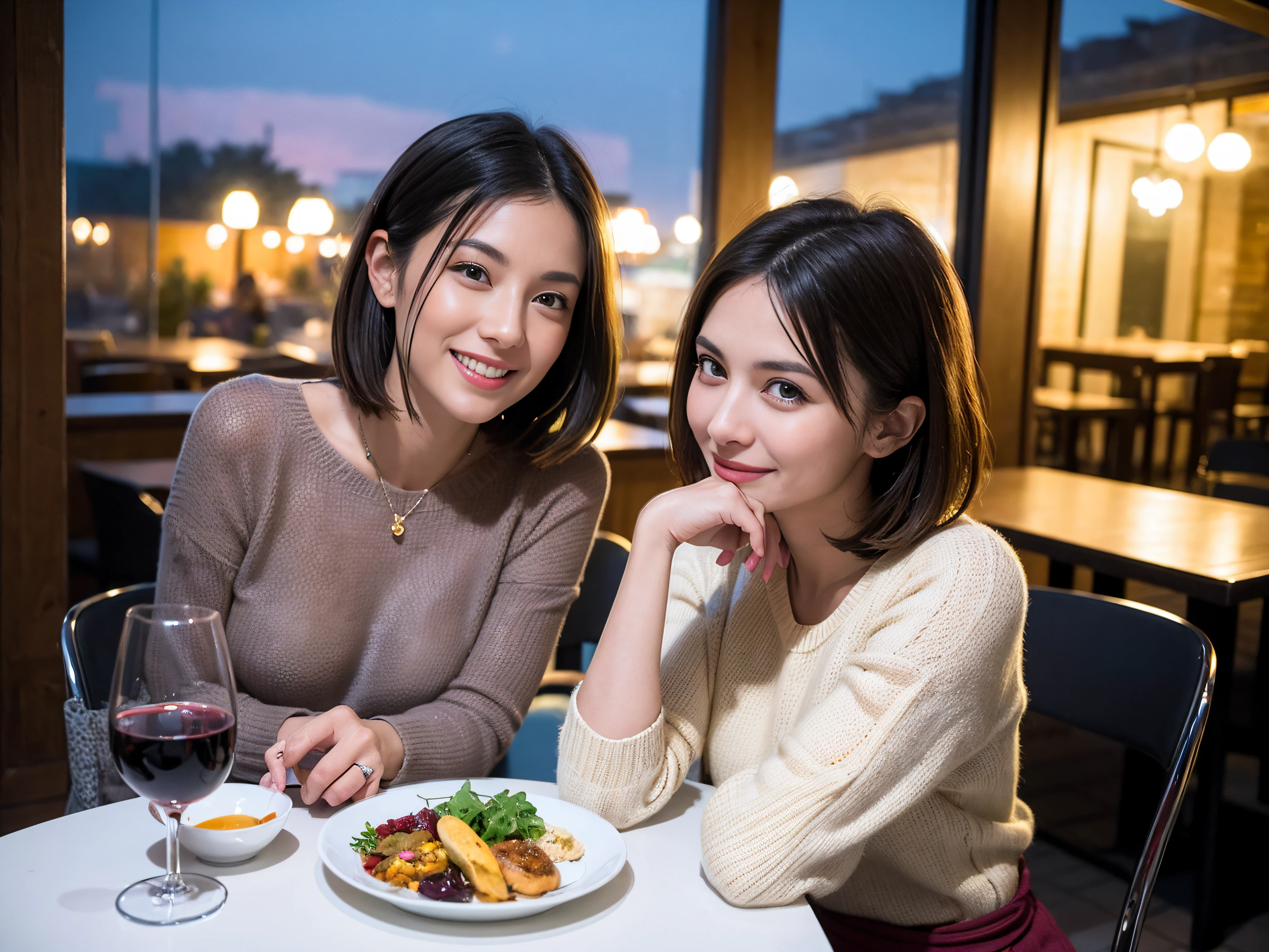 (64k uhd、nffsw、top-quality、​masterpiece:1.2)、(realisitic、Photorealsitic:1.37)、ultra-detailliert、ssmile、Party、lucky、wine glasses、enjoying a glass of wine、a matural female、Two beautiful women、(Slim Faces)、(Slim body)、（brawn hair）、(short-cut)、Latino、smiling french woman、happy italian girl、British woman、Americana、blush a little on the cheeks、(38 years)、42 year old、red wine、A beautiful and detailed night view spreads out outside the window.........、resturant、Wine glasses in a prominent place、natta、(from waist up)、sitting on、date、(A smile:1.15)、Beautiful detailed eyes、Cashmere sweater、long-sleeved dresses、japanes、(short-hair:1.2)、Float NovaFrogStyle、、modeled、from waist up、white wine、Slimed、wine glasses、Super beautiful night view、Put the wine glass in the middle、Happy smile、(8K、Raw photography、top-quality、​masterpiece:1.2)、(realisitic、Photorealsitic:1.37)、ultra-detailliert、超A high resolution、2 females、see the beholder、beautifull detailed face、A smile、Constriction、(Slim waist) :1.3)、knit shirt、Beautiful detailed skin、Skin Texture、floated hair、professional light needle breast、eyes gentle