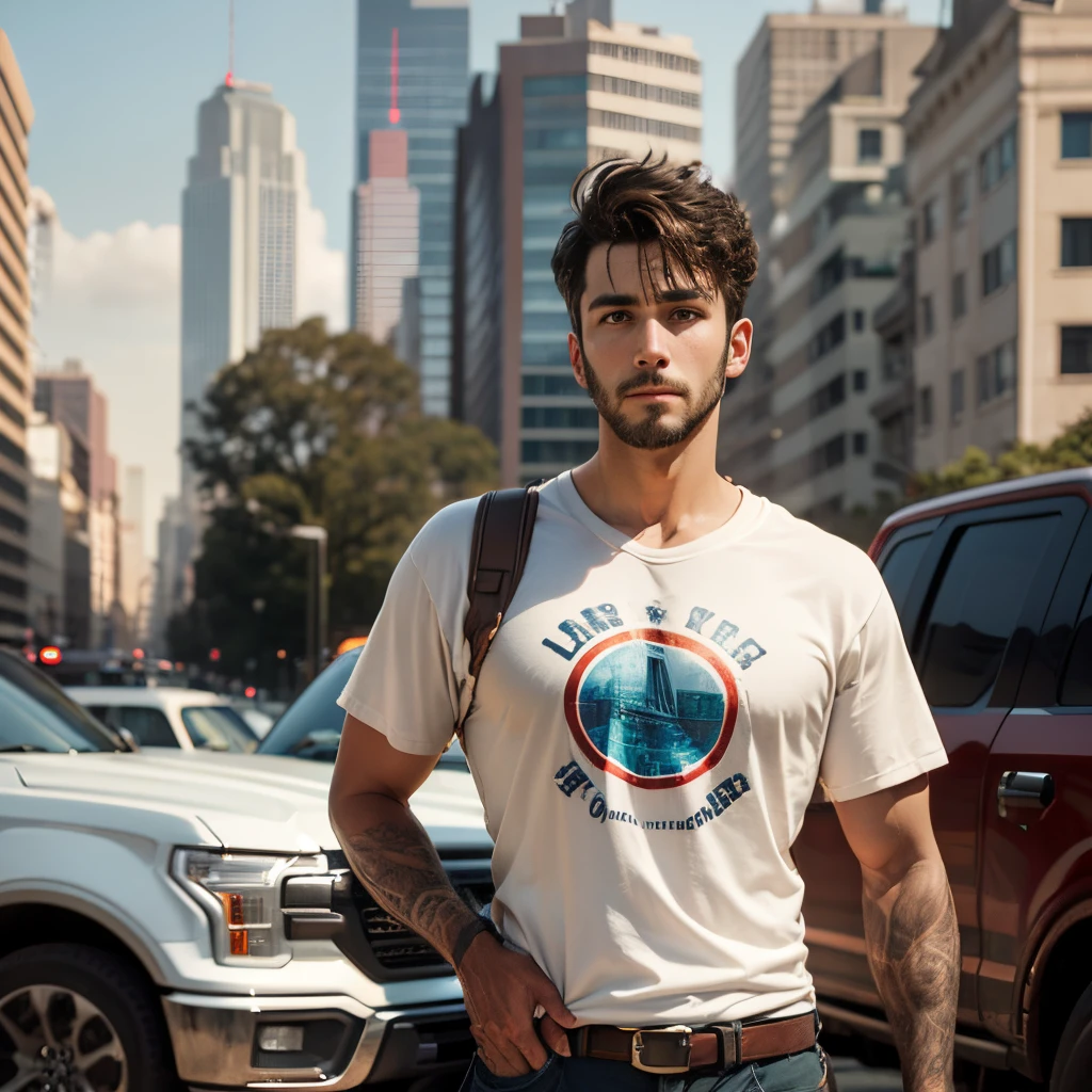 American man standing in front of a ford F-150 truck --auto --s2