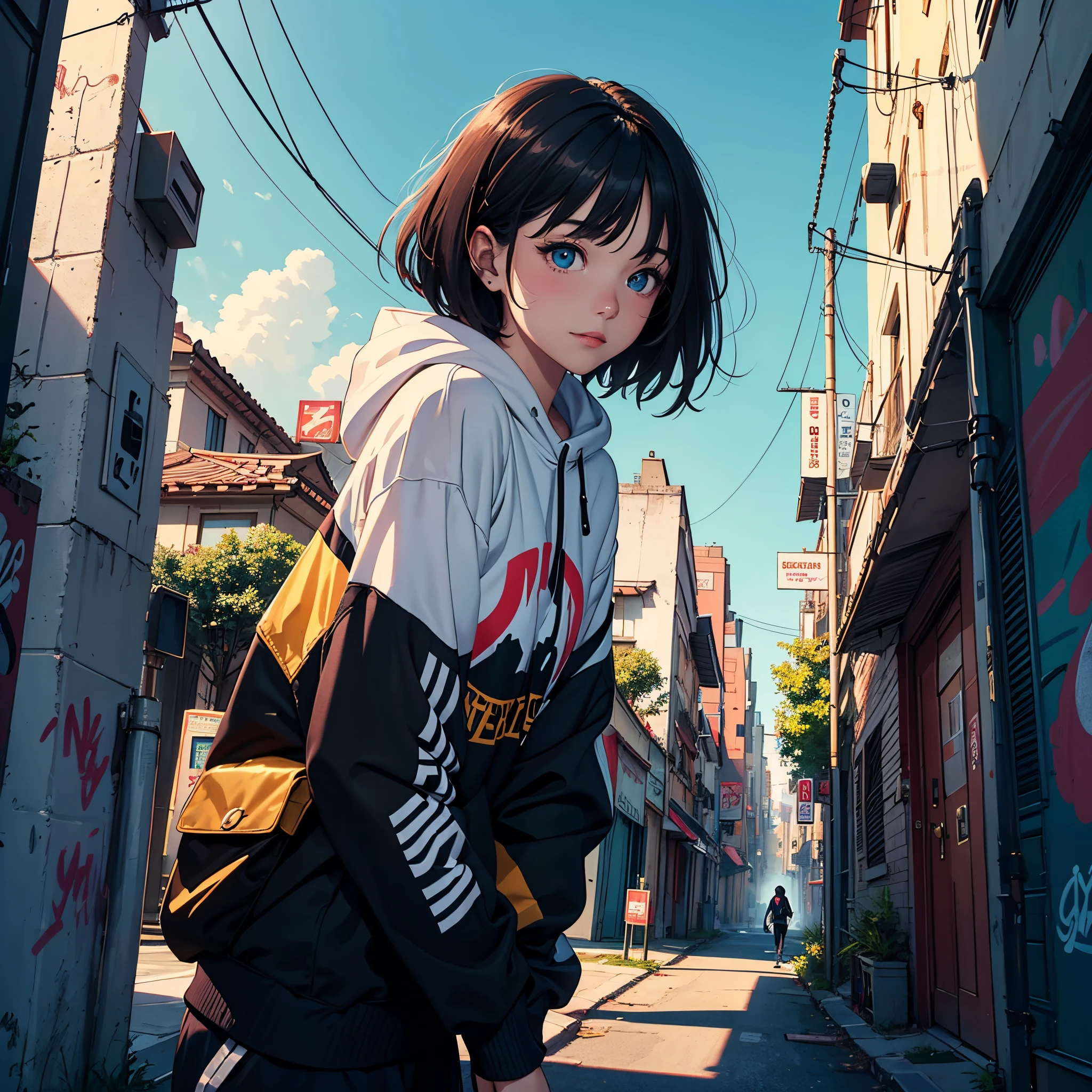 1 girl with boyfriend, serene expression, mesmerizing blue eyes, small boobs, short hair, streetwear, graffiti fashion, graffiti, poised posture, porcelain skin, subtle blush, boyfriend has a calm expression, boyfriend wearing hoodie, both girlfriend and boyfriend smiling, loving relationship, true love, golden hour, (rim lighting):1.2, warm tones, sun flare, soft shadows, vibrant colors, painterly effect, dreamy atmosphere BREAK city, graffiti art on walls, smog, cars, city roads, stylized world, ultra detailed, official art, unity 8k wallpaper , zentangle, mandala
