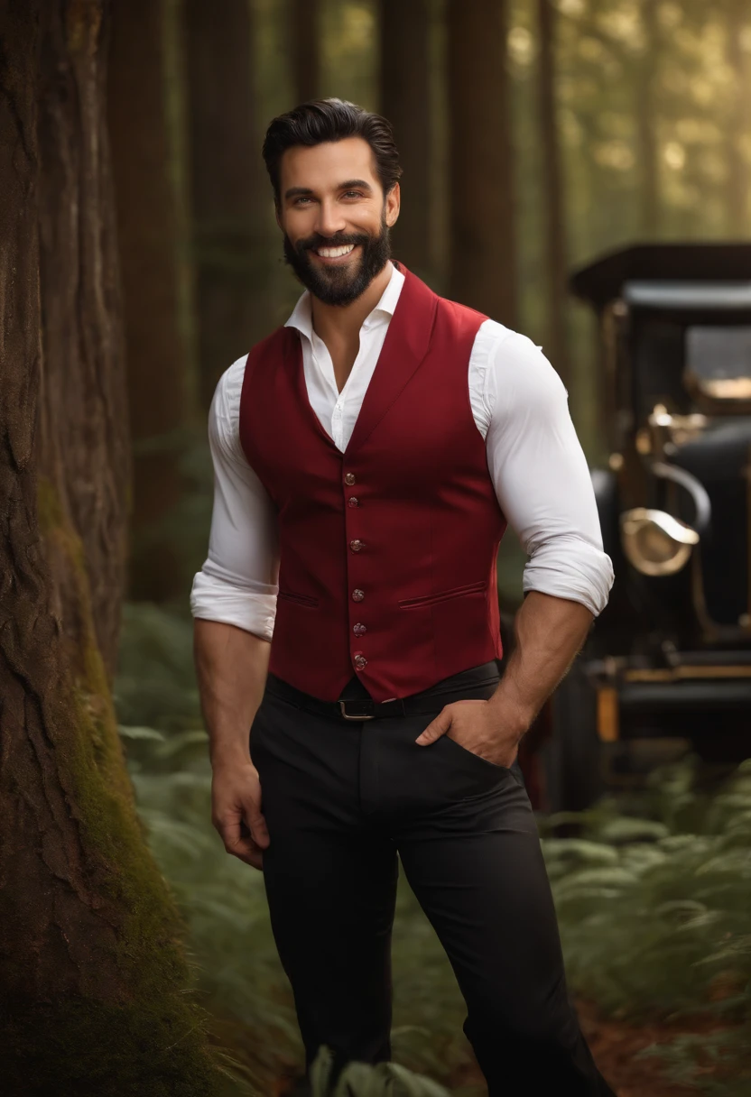 A beautiful man, beauty of a God, with black hair, blue eyes, beard, smiling, strong pectoral, manly and sexy body, 
wearing red shirt and black pants, Victorian era style, in the background gypsy carriage in a forest, Daeni Pin Style.
[Daniel F. Gerhartz Style::0.5], UHD Image, Hire, 8k, photo-realistic, Epic lighting, Sharp, Realistic, Romantic, focus