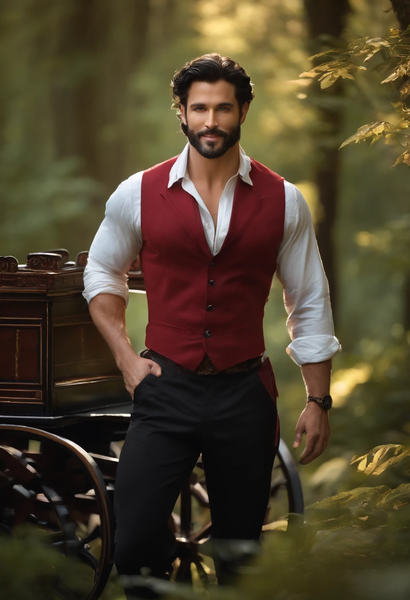 A beautiful man, beauty of a God, with black hair, blue eyes, beard, smiling, strong pectoral, manly and sexy body, 
wearing red shirt and black pants, Victorian era style, in the background gypsy carriage in a forest, Daeni Pin Style.
[Daniel F. Gerhartz Style::0.5], UHD Image, Hire, 8k, photo-realistic, Epic lighting, Sharp, Realistic, Romantic, focus