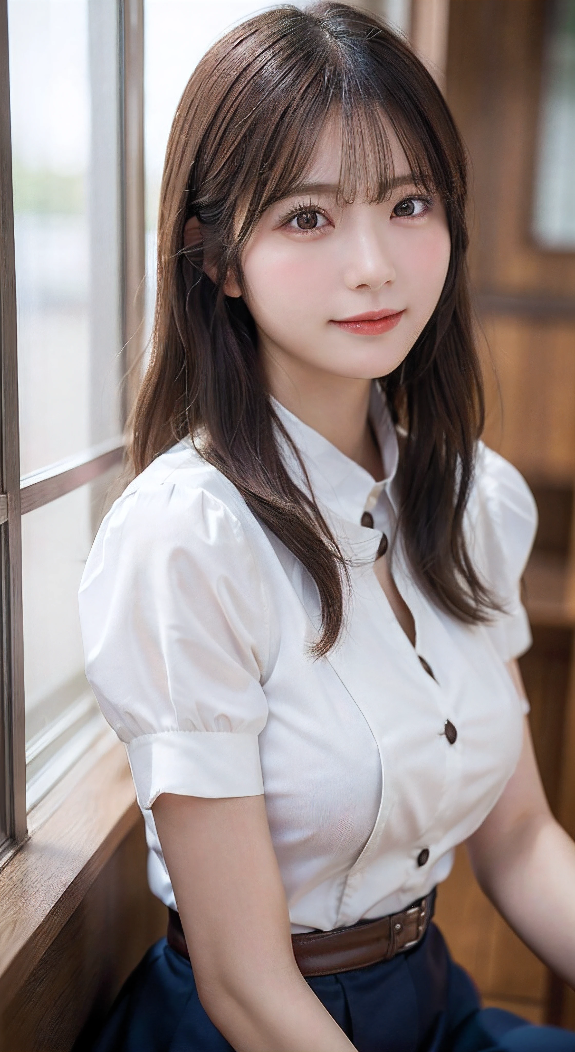 (highest quality,masterpiece:1.3,Super high resolution,),(super detailed,caustics),(Photoreal:1.4,RAW shooting,)ultra-realistic capture,very detailed,High resolution 16K human skin close-up。 Natural skin texture、,The pores are、、Must be detailed enough to be easily identified。 Skin should look even-toned and healthy。 Use natural light and color,restaurant,Waitress Uniform,1 girl,Japanese,18-year-old,cute,black haired,middle hair,(big breasts:1.2),smile,turn the body forward,(Front view:1.2),look at the camera,bust up shot:1.1,breast focus:1.1,close up of chest:1.1