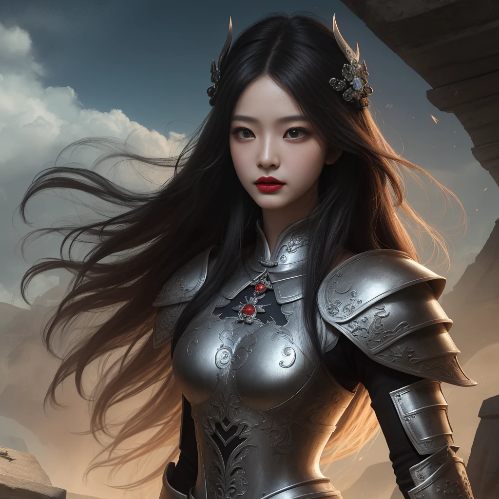 Ultimate light and shadow,The side face reveals long legs and black hair, hair straight, Long eyelashes, largeeyes,Liu Yemei,armour, ancient wind, Han Jian, lipsticks, tall nose bridge,,Fantastical,scifi style,tmasterpiece,ultra - detailed,high detal