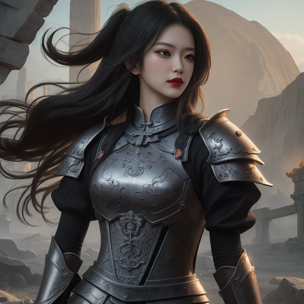 Ultimate light and shadow，The side face reveals long legs and black hair, hair straight, Long eyelashes, largeeyes，Liu Yemei，armour, ancient wind, Han Jian, lipsticks, tall nose bridge,,Fantastical，scifi style，tmasterpiece，ultra - detailed，high detal