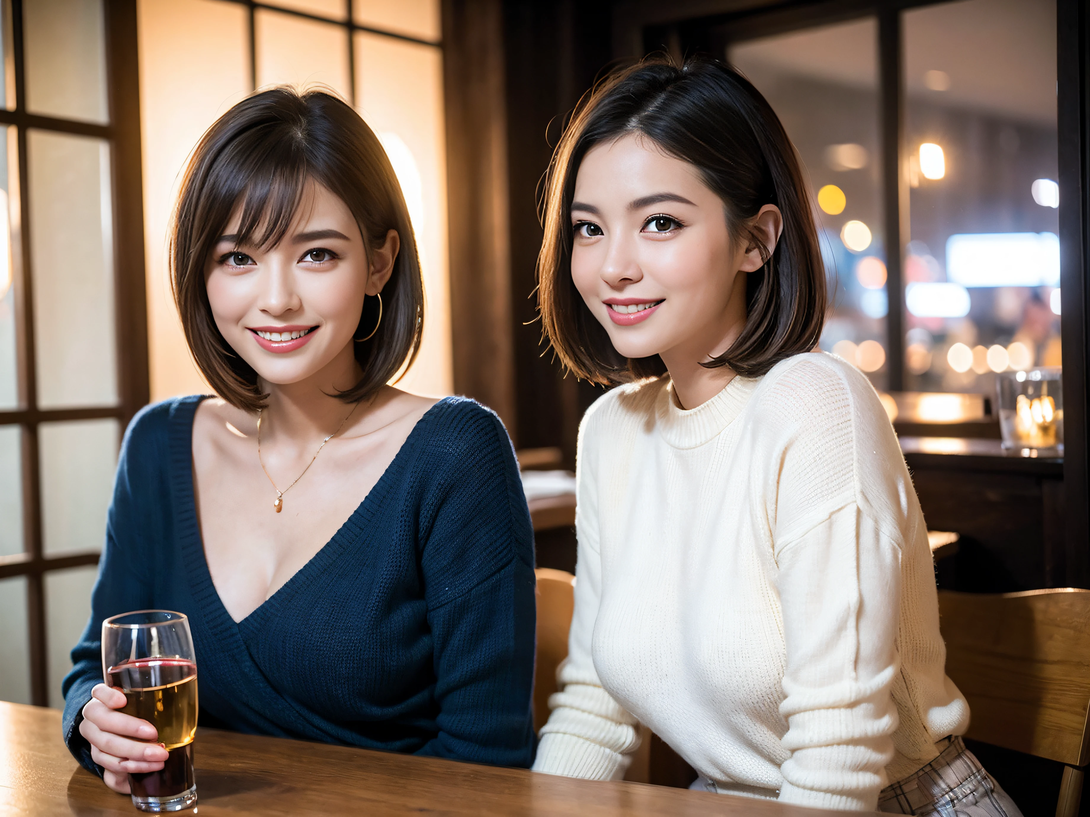 (64k uhd、nffsw、top-quality、masterpiece:1.2)、(realisitic、Photorealsitic:1.37)、ultra-detailliert、wine glasses、enjoying a glass of wine、a matural female、Two beautiful women、(Slim Faces)、(Slim body)、(brawn hair)、(short-cut)、Latino、smiling french woman、happy italian girl、British woman、Americana、blush a little on the cheeks、(38 years)、42 year old、red wine、A beautiful and detailed night view spreads out outside the window........、resturant、Wine glasses in a prominent place、natta、(from waist up)、sitting on、date、(A smile:1.15)、Beautiful detailed eyes、Cashmere sweater、long-sleeved dresses、japanes、(short-hair:1.2)、Float NovaFrogStyle、、modeled、from waist up、white wine、Slimed、wine glasses、Super beautiful night view、Put the wine glass in the middle、Happy smile、(8K、Raw photography、top-quality、masterpiece:1.2)、(realisitic、Photorealsitic:1.37)、ultra-detailliert、超A high resolution、2 females、see the beholder、beautifull detailed face、A smile、Constriction、(Slim waist) :1.3)、knit shirt、Beautiful detailed skin、Skin Texture、floated hair、professional light needle breast、eyes gentle