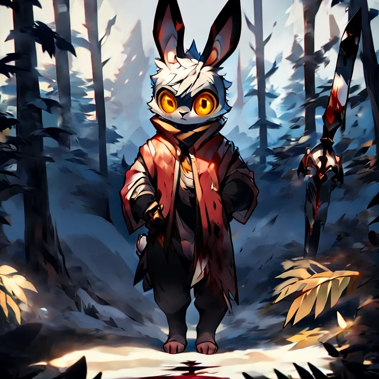 ( white male bunny) (cold and unsettling stare) ( covered in blood) ( Holding one weapon) ( walk through the cold mountain) ( yellow eye )