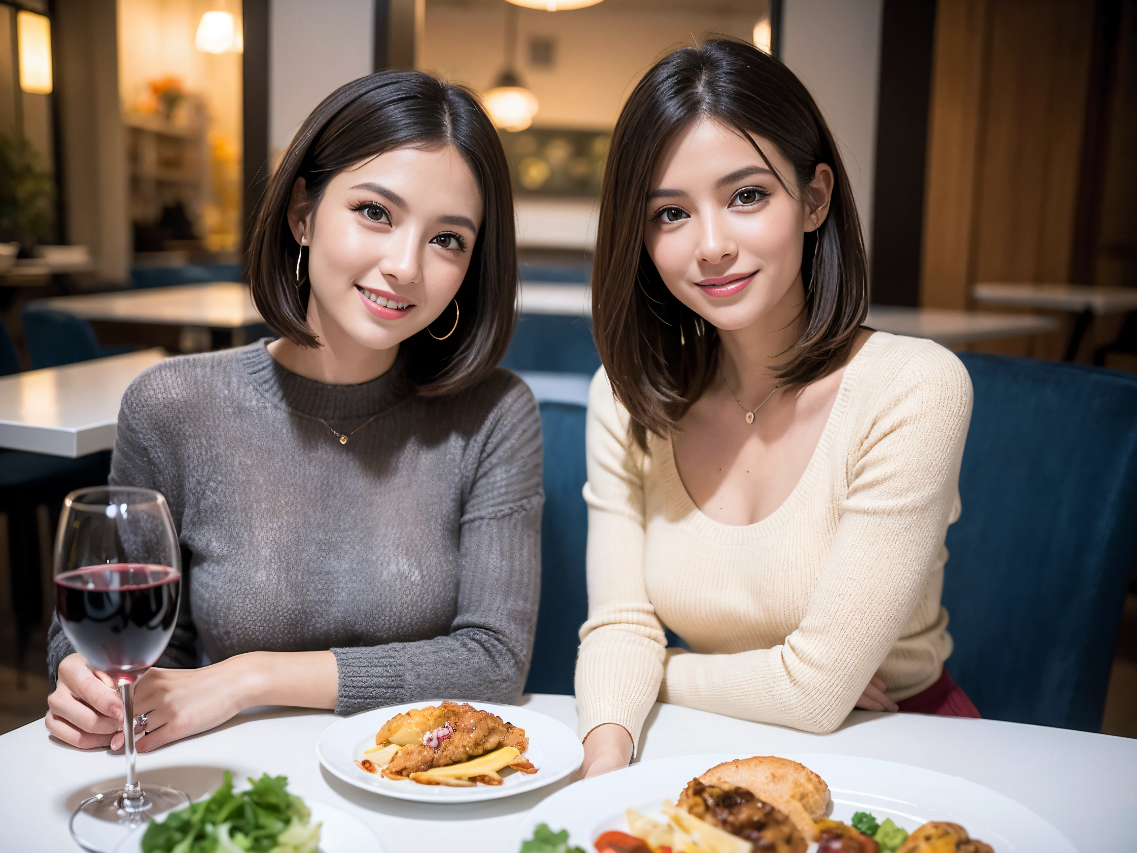 (64k uhd、nffsw、top-quality、masterpiece:1.2)、(realisitic、Photorealsitic:1.37)、ultra-detailliert、wine glasses、enjoying a glass of wine、a matural female、Two beautiful women、(Slim Faces)、(Slim body)、(brawn hair)、(short-cut)、Latino、smiling french woman、happy italian girl、British woman、Americana、blush a little on the cheeks、(38 years)、42 year old、red wine、A beautiful and detailed night view spreads out outside the window........、resturant、Wine glasses in a prominent place、natta、(from waist up)、sitting on、date、(A smile:1.15)、Beautiful detailed eyes、Cashmere sweater、long-sleeved dresses、japanes、(short-hair:1.2)、Float NovaFrogStyle、、modeled、from waist up、white wine、Slimed、wine glasses、Super beautiful night view、Put the wine glass in the middle、Happy smile、(8K、Raw photography、top-quality、masterpiece:1.2)、(realisitic、Photorealsitic:1.37)、ultra-detailliert、超A high resolution、2 females、see the beholder、beautifull detailed face、A smile、Constriction、(Slim waist) :1.3)、knit shirt、Beautiful detailed skin、Skin Texture、floated hair、professional light needle breast、eyes gentle