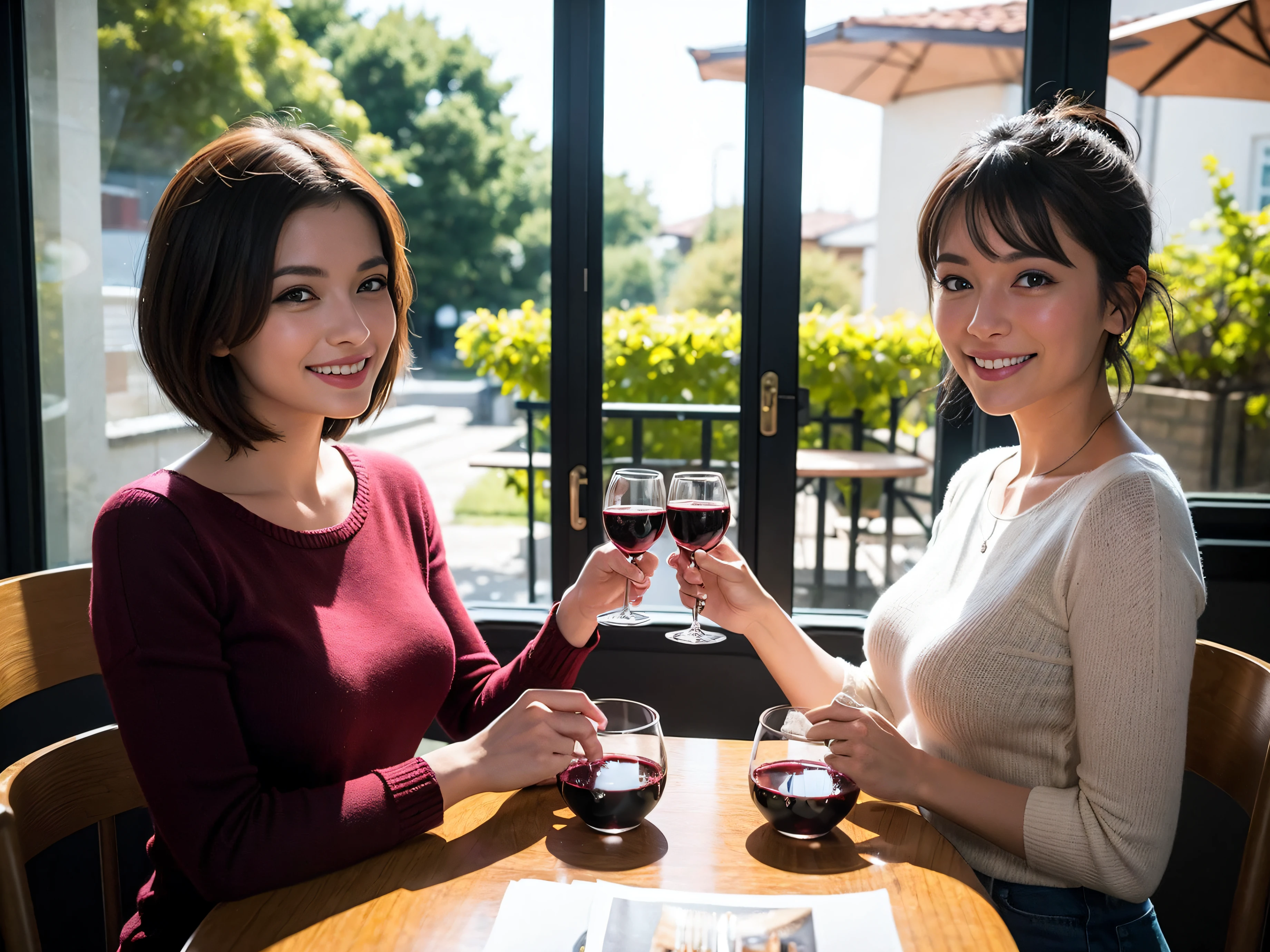 ((Highest quality、8K、masterpiece:1.3))、1 male、1 woman who resembles Satomi Ishihara、Couple、spouse、Couple、The body is slim、((Bob Hale、Straight hair:1.2)), (Realistic, Intricate details:1.2), テーブルの上のwine glass、Put the light on your face、 Amazing view of the sunset sky and clouds、Amazing mountain views、A bright smile、The wonderfulness of smile、Bright image、The beauty of wine, Beautiful Face, blue eyes, The light shines on your face, Blushing, short hair,Bright Face、42 years old), 39 years old, red wine 、Appetizers、Italian food、Wine bottle、Champagne、sparkling wine、Two beauties、Brown Hair、Shortcuts、Long sleeve shirt、dress、Beautiful woman 1, (slimな顔), (The body is slim), (Brown Hair), (Shortcuts), cheeks turn a little red,Attractive beauty、restaurant, In a prominent place (From the waist up) Nova Frog Style, actress, model, Upper Body, White wine, slim, wine glass, 中央に置かれたwine glass, smile, (smile: 1.15), Beautiful fine grain, Depth f/2,saturation, High Contrast, Strong light and shadow,Moist Body:1.5、3D texture、Delicate eyes、Brown Hair、The hair is very shiny、