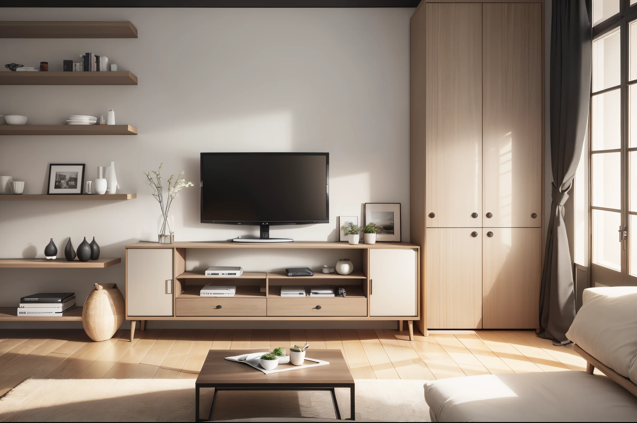 Minimalist Japanese-style living room with white wooden furniture, including cabinets, dining table, TV stand, and sofa. Create a warm and cozy atmosphere in the design. --auto --s2