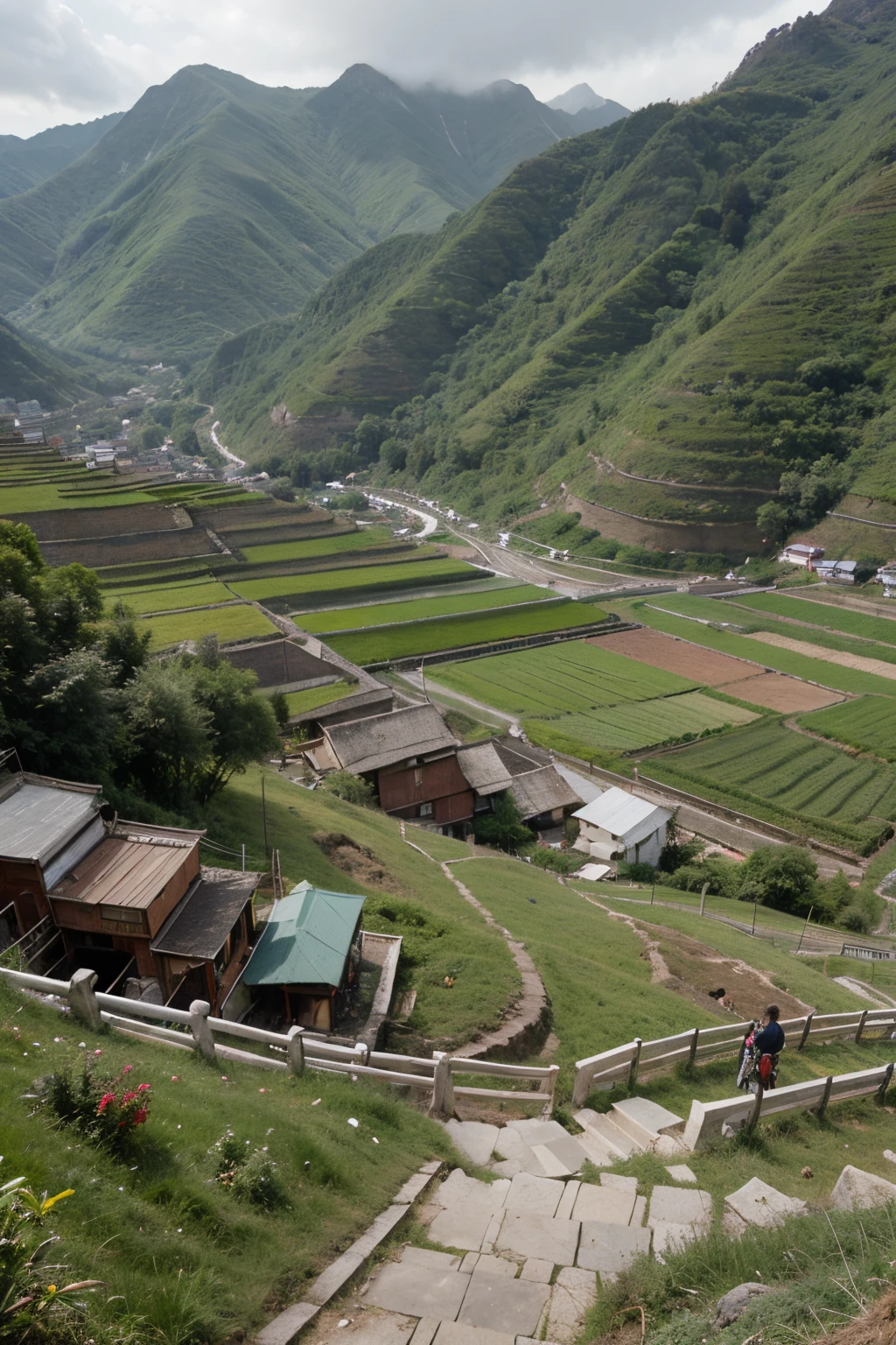a cable car system carrying goods above terraced fields. There are wooden houses. Vietnam mountain landscape.