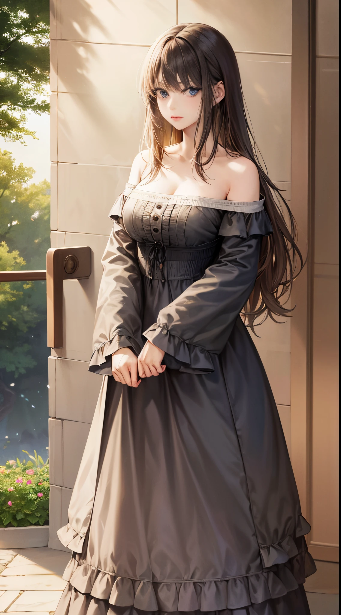 A straight haired brunette adult female standing on the ground, wearing loose brown plain summer dress with sleeves, low neckline, medieval, brown hair, large long shaped tits, silly personalty, cute happy demeanor, sunny disposition, deredere, horny