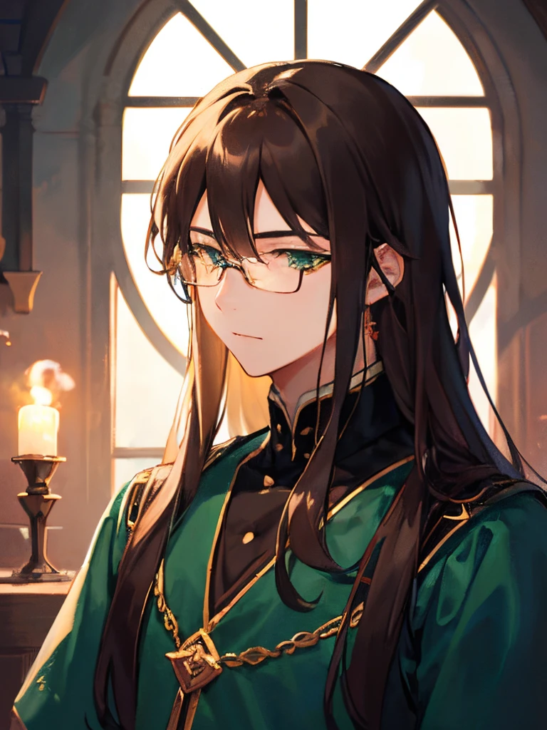 1boy, ember、独奏、alchemist、 Hair that grows to the shoulders, The long-haired、brown haired、eye glass、length hair、Lowered hair、manly、elongated face、Gentle、Intelligent、Older、Green clothing、green robes、Adults、animesque、Clear illustrations