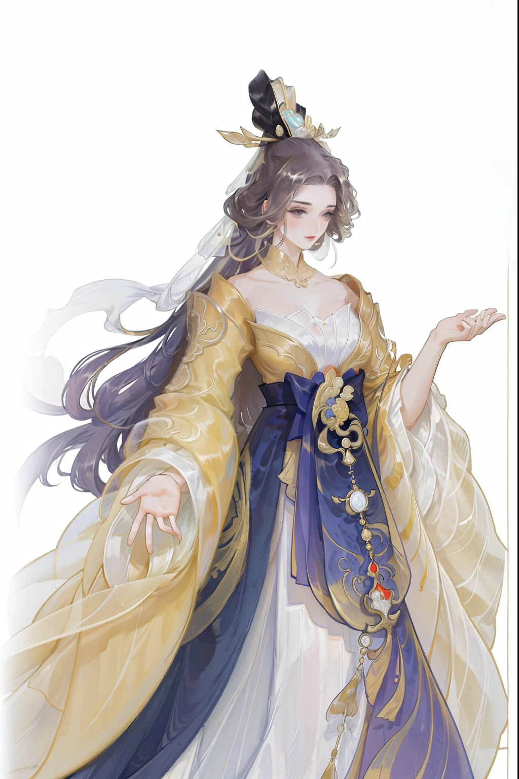 (((tmasterpiece, Best quality, 超高分辨率, CG unified 8K wallpaper, Best quality at best, ultra - detailed, ultra HD picture quality))), 1 girl, cabelos preto e longos, game fairy, Golden clothes, Hanfu, yarn, flowing gauze, Nice face, beautidful eyes, Beautiful hairstyle, Beautiful costumes, Structurally sound