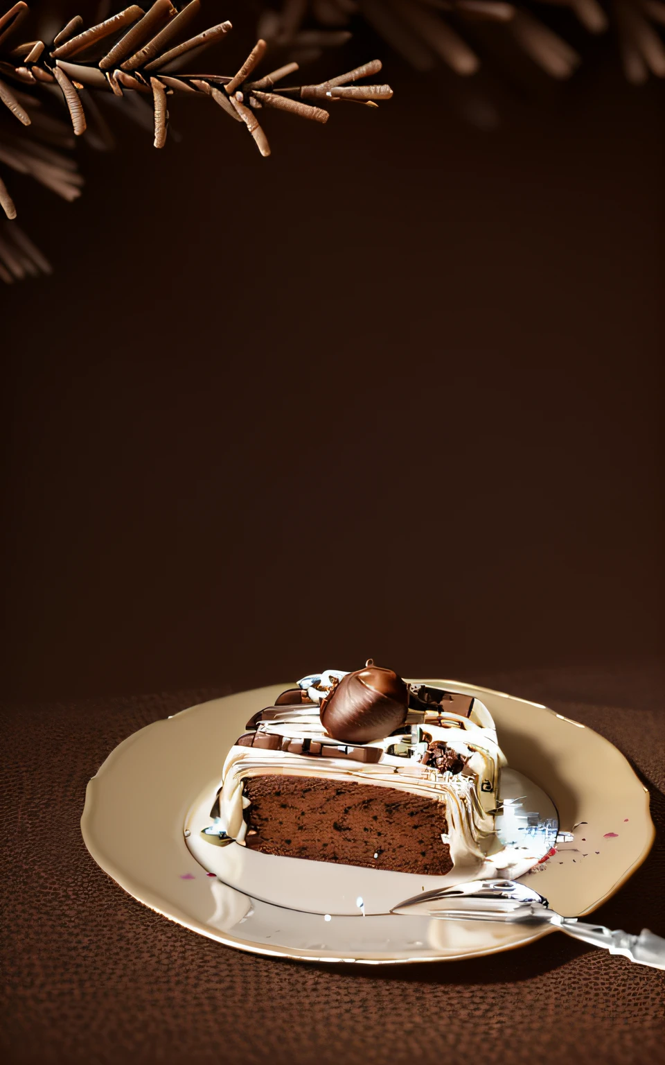 There  a piece of exquisite cake on the plate，put a fork on it, desserts，There are chestnuts，light and shadows，4k movie level，HD graphics card，Nut chestnut pine cones on brown background，Scattered pine cones foreground and background，The warm，high qulity，4k movie level