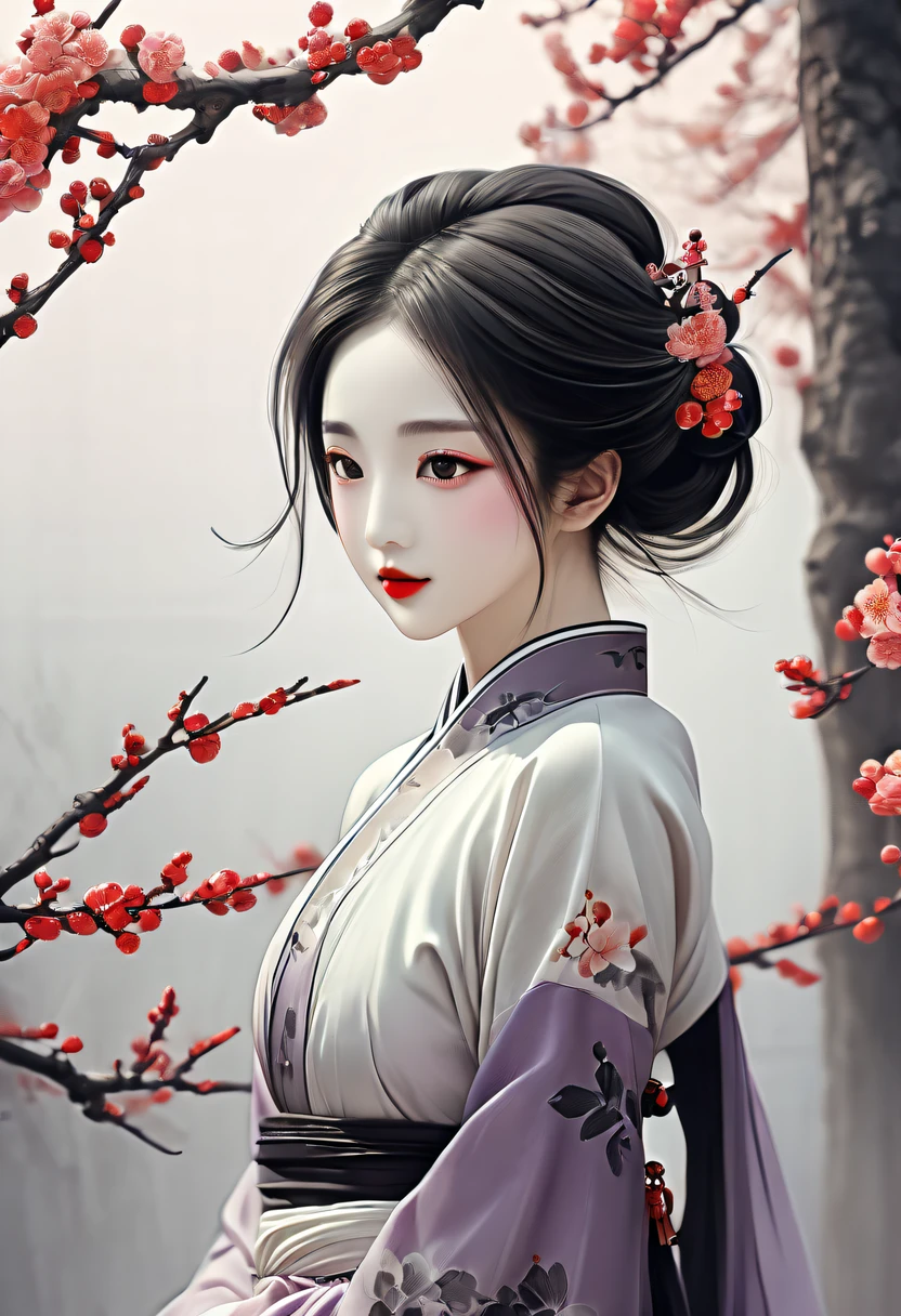 Winter wonderland,(Close-up of plum blossoms:1.5),Hanfu woman,Yuki,courtyard,desolated, Desolate, Solitude,Black and white tones, Lots of white space,Tradition Chinese Ink Painting, Ink painting and watercolor,drawing on rice ,Use thick and light inks to create light and dark changes and layers,Choose the right ink color,Such as deep black、Thick gray、Light coffee, ETC,Express different situations and atmospheres,Control the gradient and transition of ink colors through the humidity and consistency of the ink,traditional chinese art, author:Guo Xi, author:Ma Yuzaiyu, Traditional chinese painting, author:Xu Xi, author:Luo Mu, author:Y in g Buzhi, author:Li Kel here, author:wisdom'Show on the, Ink painting and watercolor ) ) ) ), China ink painting, chinese painting style