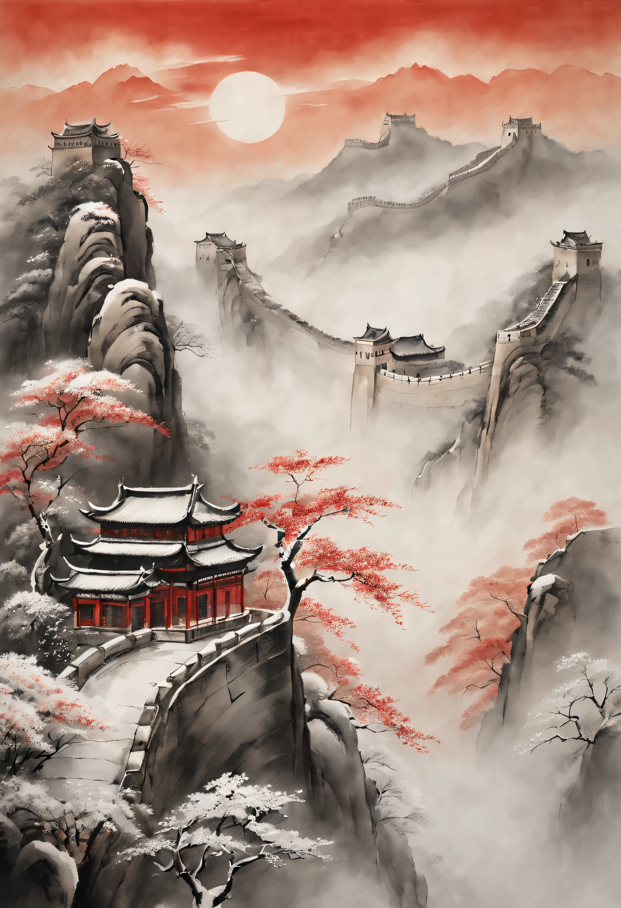 Tradition Chinese Ink Painting,Winter wonderland,early morning sunrise,The winding Great Wall,Subtle gray and black tones,Majestic mountain ranges,snow covered trees,A light mist enveloped the entire scene,Peaceful and quiet atmosphere,Hints of red and gold,nature elements,Delicate brushstrokes,EtherealBeauty,Black and white contrast,Harmonious composition,exquisite detailing,Beautiful movements,Sublime tranquility,artistic response,sublime beauty,Endless depth,Exquisite artistic craftsmanship,Ancient aesthetics,Spiritual resonance,Traditional ink painting,Signed red seal.