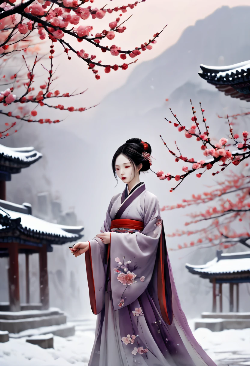 Winter wonderland,(Close-up of plum blossoms:1.5),Hanfu woman,Yuki,courtyard,desolated, Desolate, Solitude,Black and white tones, Lots of white space,Tradition Chinese Ink Painting, Ink painting and watercolor,drawing on rice ,Use thick and light inks to create light and dark changes and layers,Choose the right ink color,Such as deep black、Thick gray、Light coffee, ETC,Express different situations and atmospheres,Control the gradient and transition of ink colors through the humidity and consistency of the ink,traditional chinese art, author:Guo Xi, author:Ma Yuzaiyu, Traditional chinese painting, author:Xu Xi, author:Luo Mu, author:Y in g Buzhi, author:Li Kel here, author:wisdom'Show on the, Ink painting and watercolor ) ) ) ), China ink painting, chinese painting style