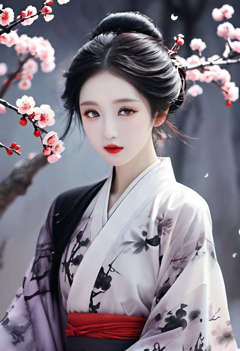 Winter wonderland，(Close-up of plum blossoms:1.5)，Hanfu woman，Yuki，courtyard，desolated, Desolate, Solitude，Black and white tones， Lots of white space，Tradition Chinese Ink Painting, Ink painting and watercolor，drawing on rice  ，Use thick and light inks to create light and dark changes and layers，Choose the right ink color，Such as deep black、Thick gray、Light coffee, ETC，Express different situations and atmospheres，Control the gradient and transition of ink colors through the humidity and consistency of the ink，traditional chinese art, author：Guo Xi, author：Ma Yuzaiyu, Traditional chinese painting, author：Xu Xi, author：Luo Mu, author：Y in g Buzhi, author：Li Kel  here, author：wisdom&#39;Show on the, Ink painting and watercolor ) ) ) ), China ink painting, chinese painting style
