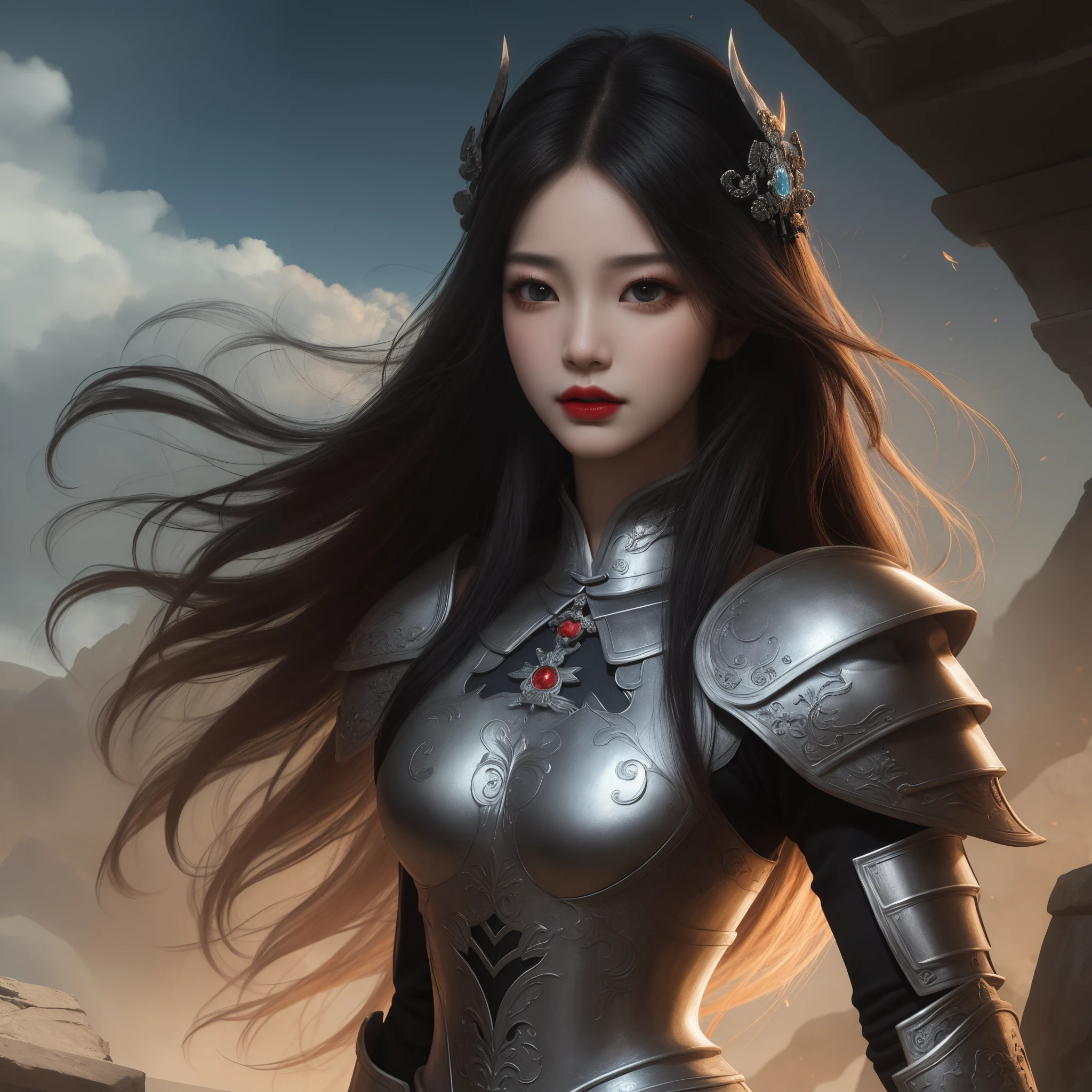 A beautiful woman who is pretty and kind. Black hair. Sixteen-year-old. She stands in the moonlight wearing black armor.