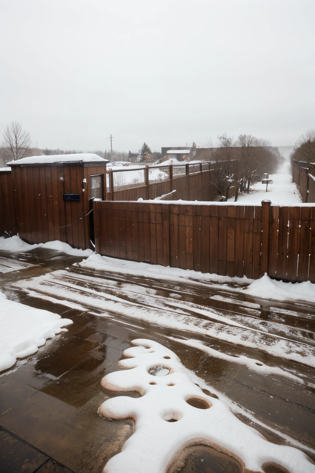 World of Mist,Aerial view,View inside a wooden fence,Snow falls in the sky outside the wall