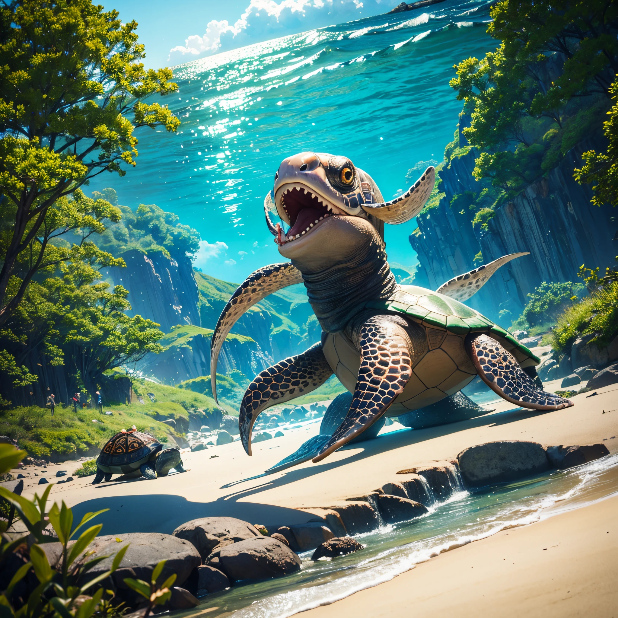 A crystal shelled turtle with tentacle legs. It is chasing crabs on the beach.