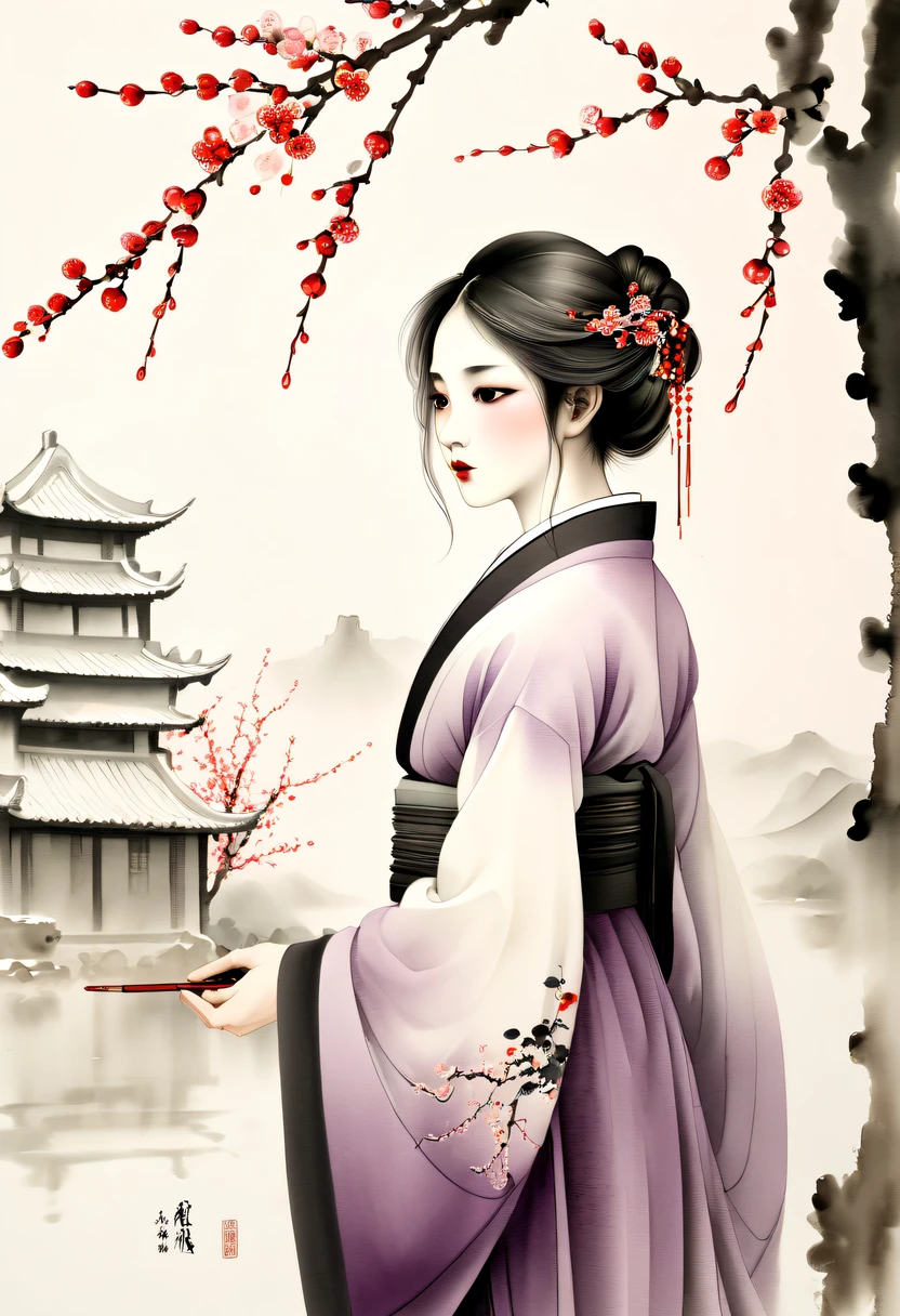 Winter wonderland,(Close-up of plum blossoms:1.5),Hanfu woman,Yuki,courtyard,desolated, Desolate, Solitude,Black and white tones, Lots of white space,Tradition Chinese Ink Painting, Ink painting and watercolor,drawing on rice ,Use thick and light inks to create light and dark changes and layers,Choose the right ink color,Such as deep black、Thick gray、Light coffee, ETC,Express different situations and atmospheres,Control the gradient and transition of ink colors through the humidity and consistency of the ink,traditional chinese art, author:Guo Xi, author:Ma Yuzaiyu, Traditional chinese painting, author:Xu Xi, author:Luo Mu, author:Y in g Buzhi, author:Li Kel here, author:wisdom'Show on the, Ink painting and watercolor ) ) ) ), China ink painting, chinese painting style