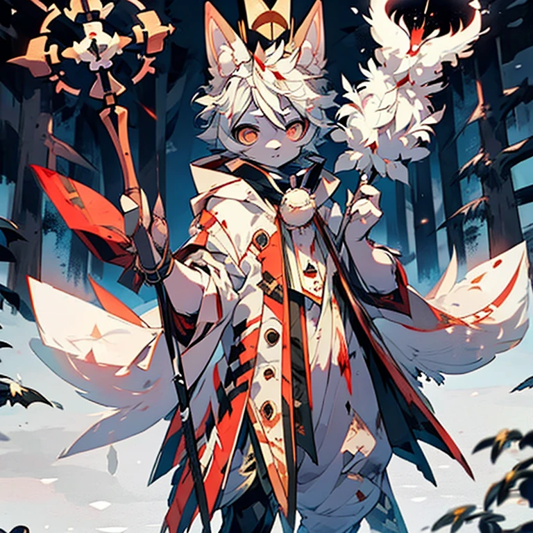 ( male white bunny) ( white cloak with golden on it ) ( forest cover in snow ) ( holding a staff) ( covered in blood) ( death glare)