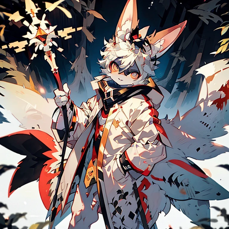 ( male white bunny)  ( white cloak with golden on it ) ( forest cover in snow  )  ( holding a staff) ( covered in blood) ( death glare)
