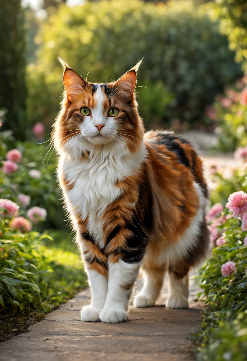 (best quality,4k,8k,highres,masterpiece:1.2),ultra-detailed,(realistic,photorealistic,photo-realistic:1.37),long-haired,calico cat,confidently walks towards camera,glowing fur,morning light,lush garden scenery,beautiful background,colorful flowers,bright sunlight,soft shadows,feline grace,natural colors,aesthetic charm,vibrant nature,serene atmosphere,peaceful ambiance,captivating pose,attention to detail,intense realism,meticulous brushwork,exquisite rendering,subtle nuances,impressive texture,extraordinary depth,delicate expressions serene,awe-inspiring,impeccable composition,eye-catching,mesmerizing,striking visual impact