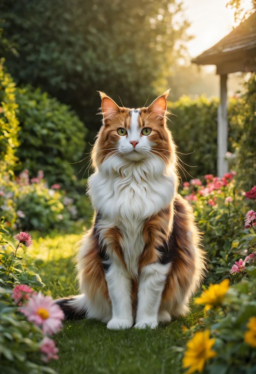 (best quality,4k,8k,highres,masterpiece:1.2),ultra-detailed,(realistic,photorealistic,photo-realistic:1.37),long-haired,calico cat,confidently walks towards camera,glowing fur,morning light,lush garden scenery,beautiful background,colorful flowers,bright sunlight,soft shadows,feline grace,natural colors,aesthetic charm,vibrant nature,serene atmosphere,peaceful ambiance,captivating pose,attention to detail,intense realism,meticulous brushwork,exquisite rendering,subtle nuances,impressive texture,extraordinary depth,delicate expressions serene,awe-inspiring,impeccable composition,eye-catching,mesmerizing,striking visual impact