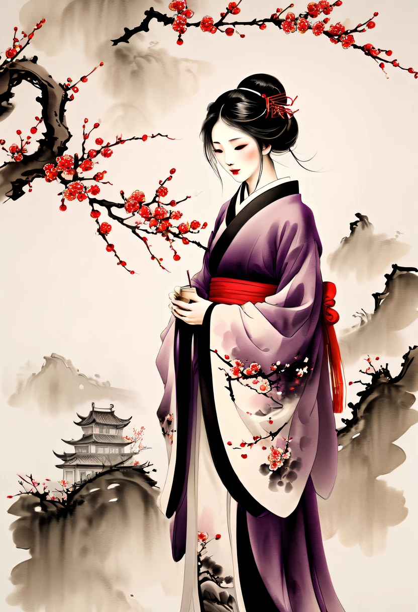 Winter wonderland,(Close-up of plum blossoms:1.5),Hanfu woman,Yuki,courtyard,desolated, Desolate, Solitude,Black and white tones, Lots of white space,Tradition Chinese Ink Painting, Ink painting and watercolor,drawing on rice ,Use thick and light inks to create light and dark changes and layers,Choose the right ink color,Such as deep black、Thick gray、Light coffee, ETC,Express different situations and atmospheres,Control the gradient and transition of ink colors through the humidity and consistency of the ink,traditional chinese art, author:Guo Xi, author:Ma Yuzaiyu, Traditional chinese painting, author:Xu Xi, author:Luo Mu, author:Y in g Buzhi, author:Li Kel here, author:wisdom'Show on the, Ink painting and watercolor ) ) ) ), China ink painting, chinese painting style