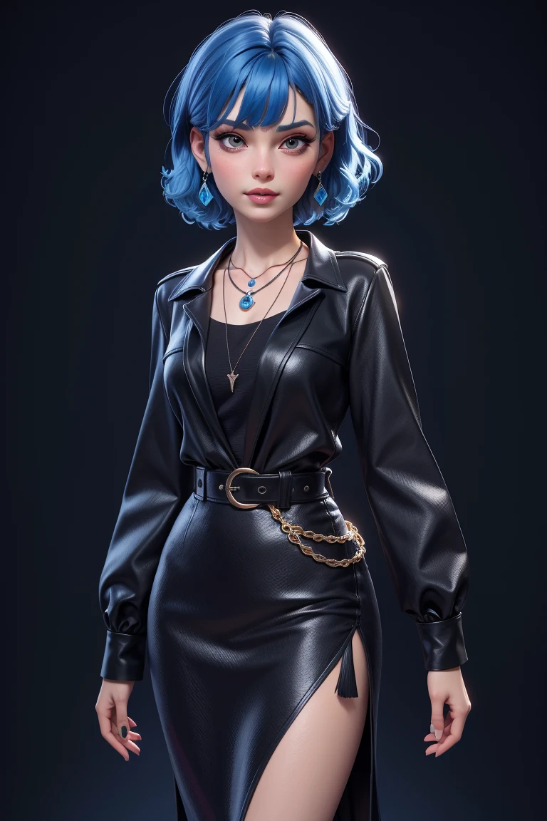 masterpiece, best quality, 3d rip artwork, 3DMM style, close up, portrait, 3D, 1girl, solo, blue hair, brunette hair, necklace, jewelry, bicolor hair, looking to the side, reality, full body,  background, bangs, gaze away, short hair, parted lips, dark eyes, lips, gothic, necklace, makeup, mole, black shirt, shirt, watermark