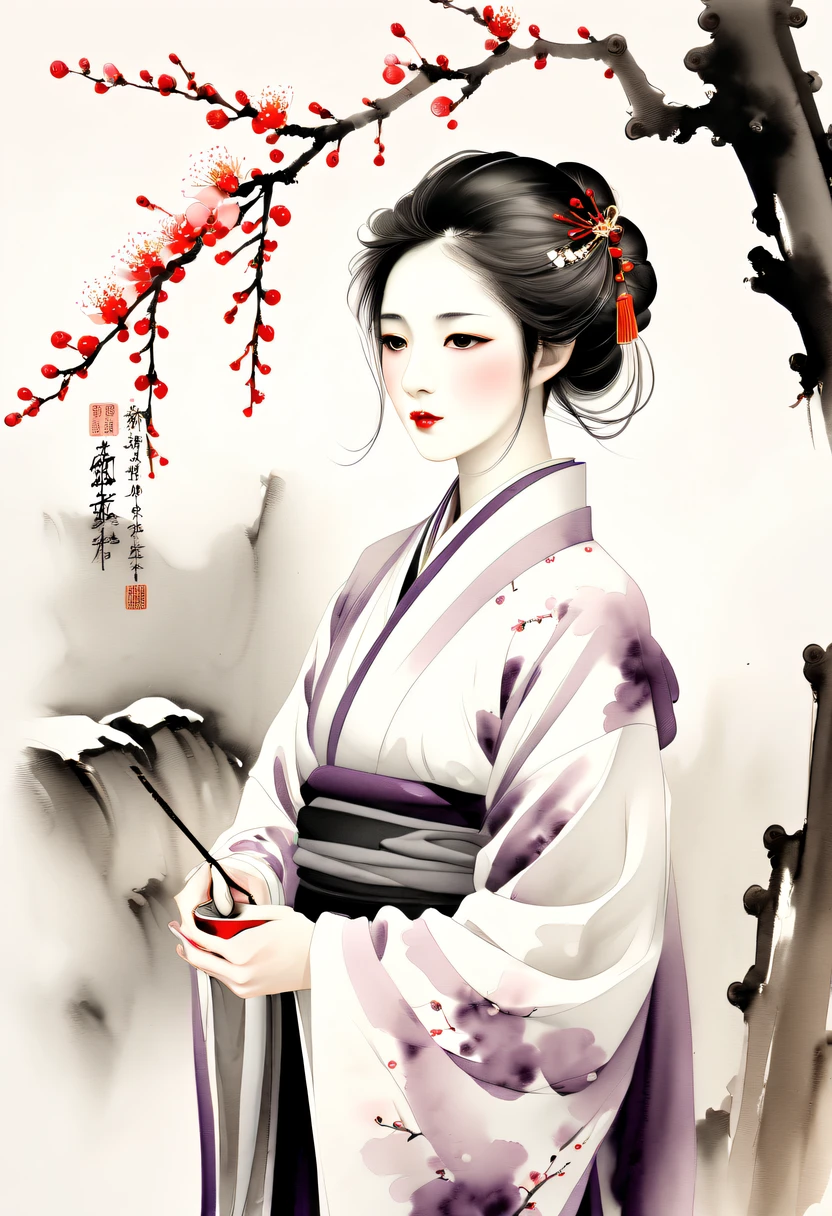 Winter wonderland,(Close-up of plum blossoms:1.5),Hanfu woman,Yuki,courtyard,desolated, Desolate, Solitude,Black and white tones, Lots of white space,Tradition Chinese Ink Painting, Ink painting and watercolor,drawing on rice ,Use thick and light inks to create light and dark changes and layers,Choose the right ink color,Such as deep black、Thick gray、Light coffee, ETC,Express different situations and atmospheres,Control the gradient and transition of ink colors through the humidity and consistency of the ink,traditional chinese art, author:Guo Xi, author:Ma Yuzaiyu, Traditional chinese painting, author:Xu Xi, author:Luo Mu, author:Y in g Buzhi, author:Li Kel here, author:wisdom'Show on the, Ink painting and watercolor ) ) ) ), China ink painting, chinese painting style