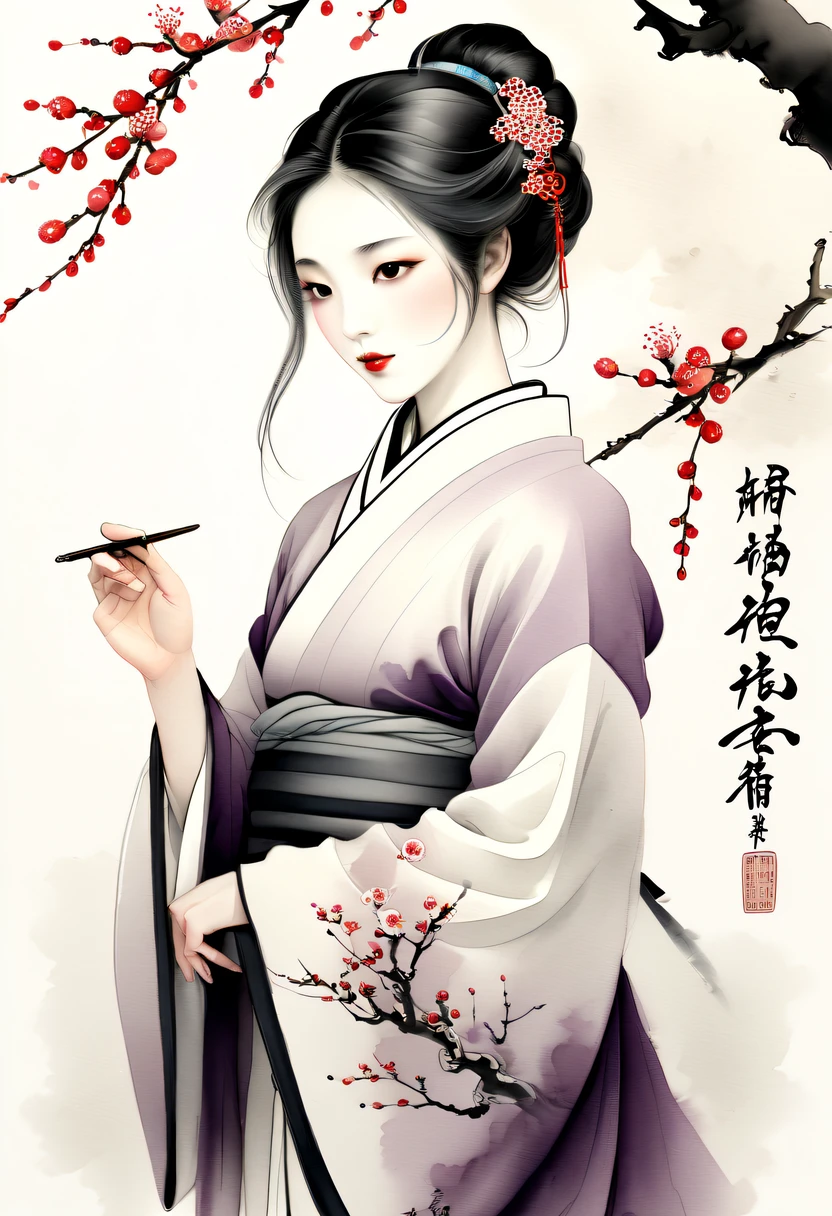 Winter wonderland,(Close-up of plum blossoms:1.5),Hanfu woman,Yuki,courtyard,desolated, Desolate, Solitude,Black and white tones, Lots of white space,Tradition Chinese Ink Painting, Ink painting and watercolor,drawing on rice ,Use thick and light inks to create light and dark changes and layers,Choose the right ink color,Such as deep black、Thick gray、Light coffee, ETC,Express different situations and atmospheres,Control the gradient and transition of ink colors through the humidity and consistency of the ink,traditional chinese art, author:Guo Xi, author:Ma Yuzaiyu, Traditional chinese painting, author:Xu Xi, author:Luo Mu, author:Y in g Buzhi, author:Li Kel here, author:wisdom'Show on the, Ink painting and watercolor ) ) ) ), China ink painting, chinese painting style