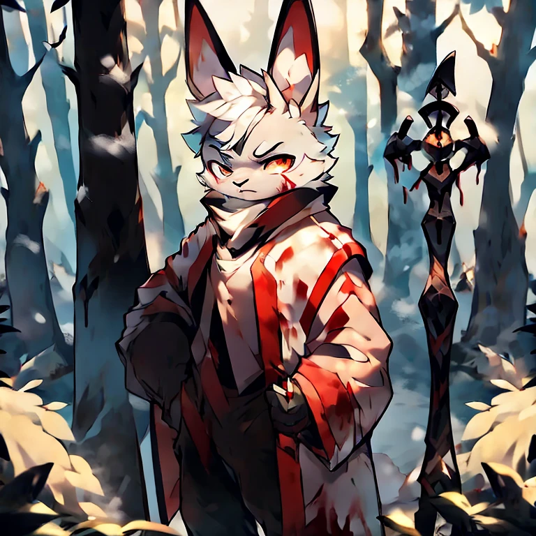( male white bunny) ( white cloak with golden on it ) ( forest cover in snow ) ( holding a staff) ( covered in blood) ( death glare)