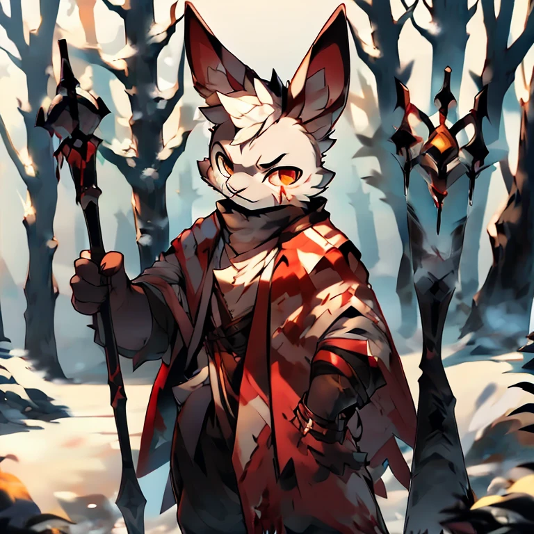 ( male white bunny) ( white cloak with golden on it ) ( forest cover in snow ) ( holding a staff) ( covered in blood) ( death glare)