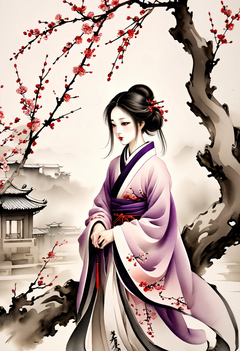 Winter wonderland,(Close-up of plum blossoms:1.5),Hanfu woman,Yuki,courtyard,desolated, Desolate, Solitude,Black and white tones, Lots of white space,Tradition Chinese Ink Painting, Ink painting and watercolor,drawing on rice ,Use thick and light inks to create light and dark changes and layers,Choose the right ink color,Such as deep black、Thick gray、Light coffee, ETC,Express different situations and atmospheres,Control the gradient and transition of ink colors through the humidity and consistency of the ink,traditional chinese art, author:Guo Xi, author:Ma Yuzaiyu, Traditional chinese painting, author:Xu Xi, author:Luo Mu, author:Y in g Buzhi, author:Li Kel here, author:wisdom'Show on the, Ink painting and watercolor ) ) ) ), China ink painting, chinese painting style