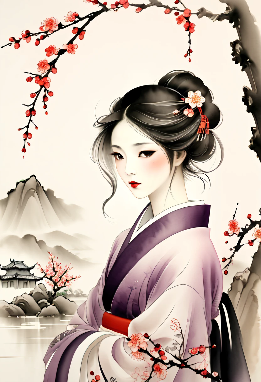 Winter wonderland,(Close-up of plum blossoms:1.5),Hanfu woman,Yuki,courtyard,desolated, Desolate, Solitude,Black and white tones, Lots of white space,Tradition Chinese Ink Painting, Ink painting and watercolor,drawing on rice ,Use thick and light inks to create light and dark changes and layers,Choose the right ink color,Such as deep black、Thick gray、Light coffee, ETC,Express different situations and atmospheres,Control the gradient and transition of ink colors through the humidity and consistency of the ink,traditional chinese art, author:Guo Xi, author:Ma Yuzaiyu, Traditional chinese painting, author:Xu Xi, author:Luo Mu, author:Y in g Buzhi, author:Li Kel here, author:wisdom'Show on the, Ink painting and watercolor ) ) ) ), China ink painting, chinese painting style