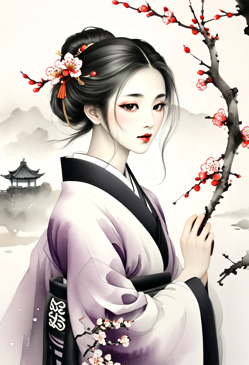 Winter wonderland,(Close-up of plum blossoms:1.5),Hanfu woman,Yuki,courtyard,desolated, Desolate, Solitude,Black and white tones, Lots of white space,Tradition Chinese Ink Painting, Ink painting and watercolor,drawing on rice ,Use thick and light inks to create light and dark changes and layers,Choose the right ink color,Such as deep black、Thick gray、Light coffee, ETC,Express different situations and atmospheres,Control the gradient and transition of ink colors through the humidity and consistency of the ink,traditional chinese art, author:Guo Xi, author:Ma Yuzaiyu, Traditional chinese painting, author:Xu Xi, author:Luo Mu, author:Y in g Buzhi, author:Li Kel here, author:wisdom'Show on the, Ink painting and watercolor ) ) ) ), China ink painting, chinese painting style
