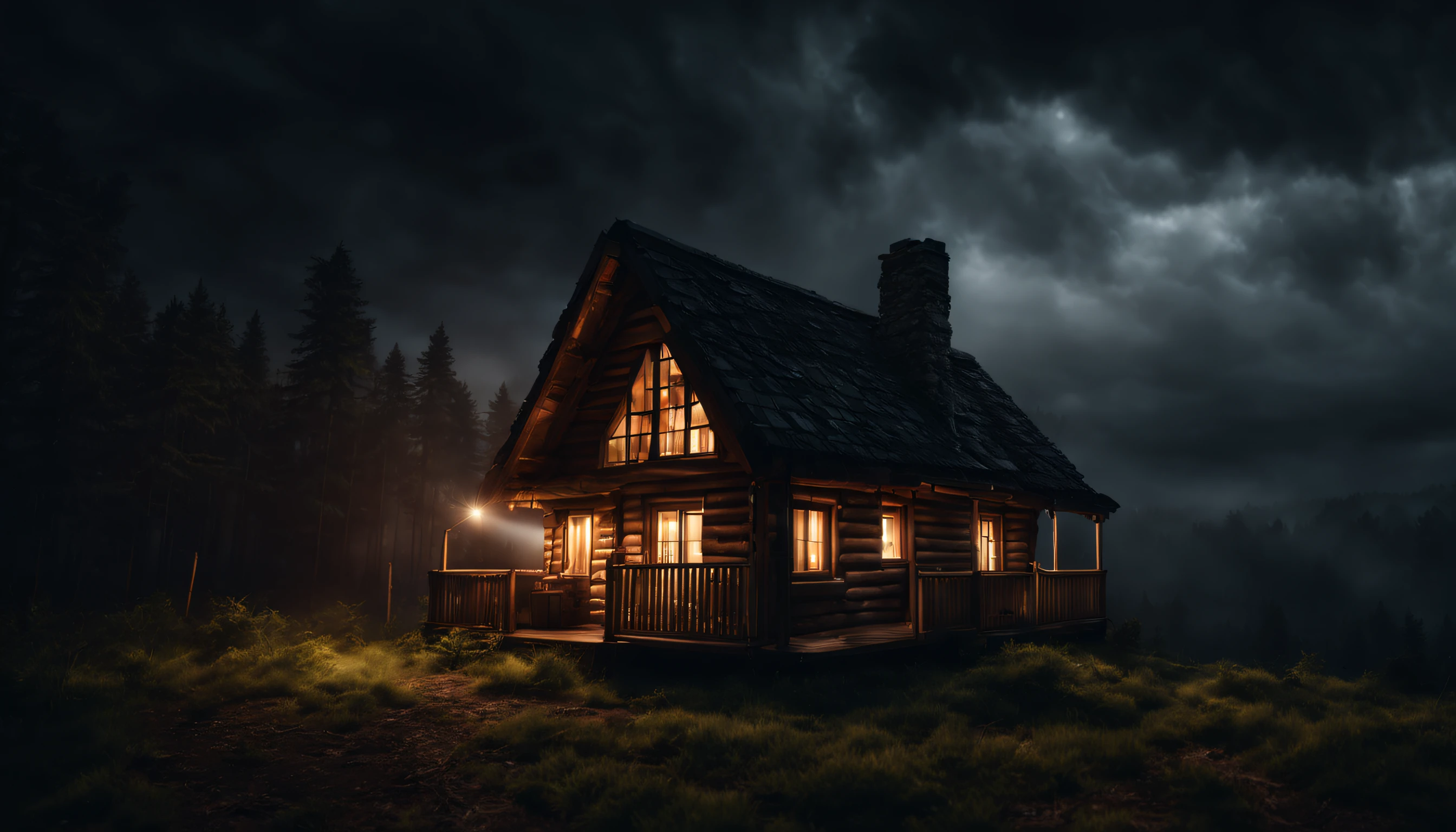 create a photo of a realistic cabin in an open forest at night with lights on, showing a cloudy sky surrounded by dark storm clouds, Fotografia 4k, dark scenery with lots of fog