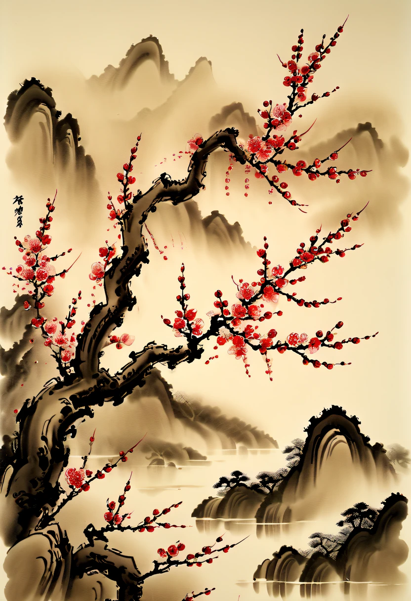 Winter wonderland,(Close-up of plum blossoms:1.5),Yuki,courtyard,desolated, Desolate, Solitude,Black and white tones, Lots of white space,Tradition Chinese Ink Painting, Ink painting and watercolor,drawing on rice ,Use thick and light inks to create light and dark changes and layers,Choose the right ink color,Such as deep black、Thick gray、Light coffee, ETC,Express different situations and atmospheres,Control the gradient and transition of ink colors through the humidity and consistency of the ink,traditional chinese art, author:Guo Xi, author:Ma Yuzaiyu, Traditional chinese painting, author:Xu Xi, author:Luo Mu, author:Y in g Buzhi, author:Li Kel here, author:wisdom'Show on the, Ink painting and watercolor ) ) ) ), China ink painting, chinese painting style