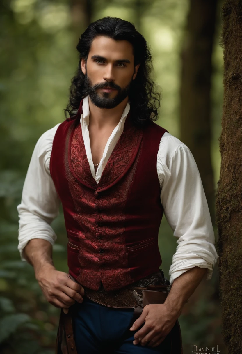 A very beautiful man, Beauty of a God, with long black hair, blue eyes, beard, strong chest, virile and
wearing a red shirt with a black embroidered vest over the shirt and black pants, Victorian Era style, in the background, a gypsy carriage in a forest, Daeni Pin Style.
[Daniel F. Estilo Gerhartz::0.5], UHD image, Rent, 8k, photo-realistic, epic lighting, sharp, realistic, romantic, focus