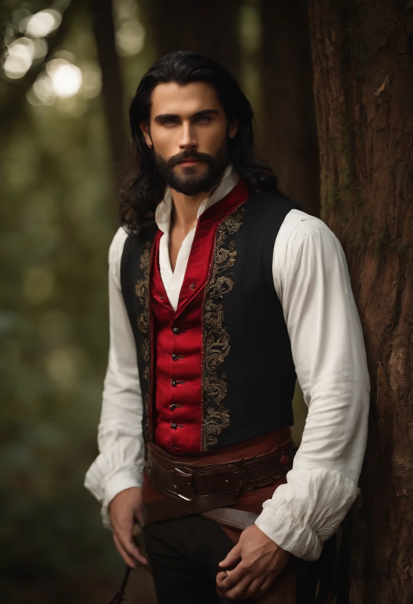 A very beautiful man, Beauty of a God, with long black hair, blue eyes, beard, strong chest, virile and
wearing a red shirt with a black embroidered vest over the shirt and black pants, Victorian Era style, in the background, a gypsy carriage in a forest, Daeni Pin Style.
[Daniel F. Estilo Gerhartz::0.5], UHD image, Rent, 8k, photo-realistic, epic lighting, sharp, realistic, romantic, focus