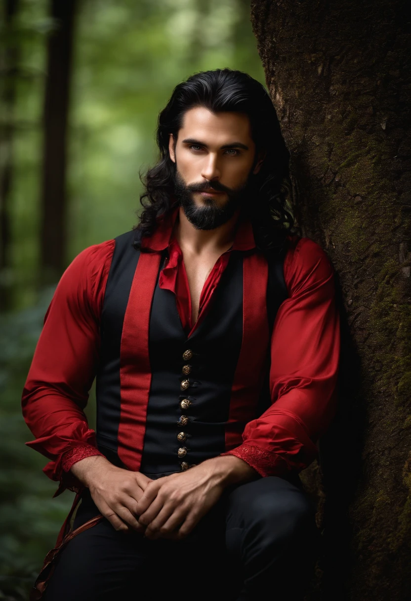 A very beautiful man, Beauty of a God, with long black hair, blue eyes, beard, strong chest, virile and
wearing a red shirt with a black embroidered vest over the shirt and black pants, Victorian Era style, in the background, a gypsy carriage in a forest, Daeni Pin Style.
[Daniel F. Estilo Gerhartz::0.5], UHD image, Rent, 8k, photo-realistic, epic lighting, sharp, realistic, romantic, focus