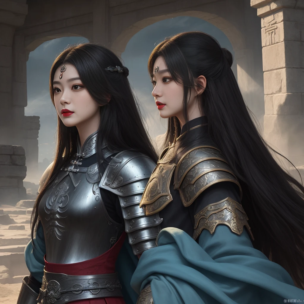 Ultimate light and shadow,The side face reveals long legs and black hair, hair straight, Long eyelashes, largeeyes,Liu Yemei,armour, ancient wind, Han Jian, lipsticks, tall nose bridge,,Fantastical,scifi style,tmasterpiece,ultra - detailed,high detal