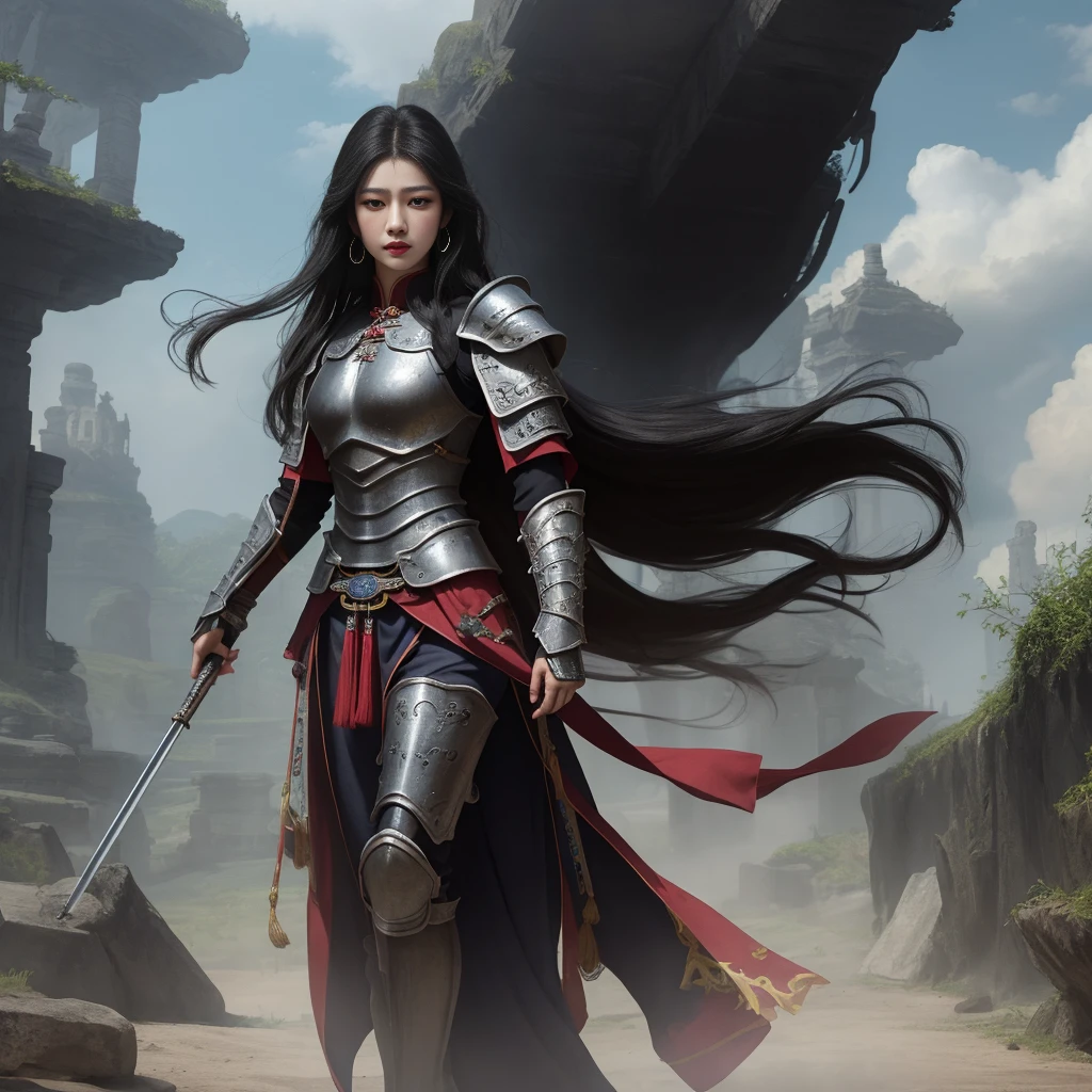 Ultimate light and shadow,The side face reveals long legs and black hair, hair straight, Long eyelashes, largeeyes,Liu Yemei,armour, ancient wind, Han Jian, lipsticks, tall nose bridge,,Fantastical,scifi style,tmasterpiece,ultra - detailed,high detal