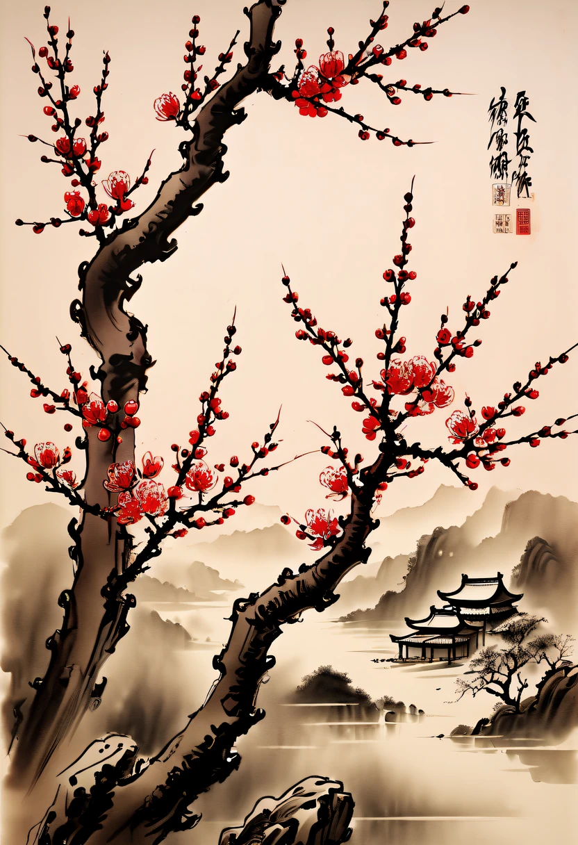 Winter wonderland,(Close-up of plum blossoms:1.5),Yuki,courtyard,desolated, Desolate, Solitude,Black and white tones, Lots of white space,Tradition Chinese Ink Painting, Ink painting and watercolor,drawing on rice ,Use thick and light inks to create light and dark changes and layers,Choose the right ink color,Such as deep black、Thick gray、Light coffee, ETC,Express different situations and atmospheres,Control the gradient and transition of ink colors through the humidity and consistency of the ink,traditional chinese art, author:Guo Xi, author:Ma Yuzaiyu, Traditional chinese painting, author:Xu Xi, author:Luo Mu, author:Y in g Buzhi, author:Li Kel here, author:wisdom'Show on the, Ink painting and watercolor ) ) ) ), China ink painting, chinese painting style