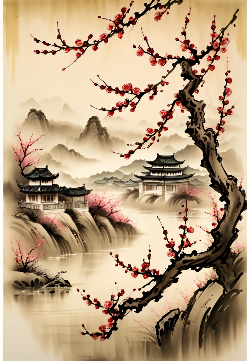 Winter wonderland,(Close-up of plum blossoms:1.5),Yuki,courtyard,desolated, Desolate, Solitude,Black and white tones, Lots of white space,Tradition Chinese Ink Painting, Ink painting and watercolor,drawing on rice ,Use thick and light inks to create light and dark changes and layers,Choose the right ink color,Such as deep black、Thick gray、Light coffee, ETC,Express different situations and atmospheres,Control the gradient and transition of ink colors through the humidity and consistency of the ink,traditional chinese art, author:Guo Xi, author:Ma Yuzaiyu, Traditional chinese painting, author:Xu Xi, author:Luo Mu, author:Y in g Buzhi, author:Li Kel here, author:wisdom'Show on the, Ink painting and watercolor ) ) ) ), China ink painting, chinese painting style